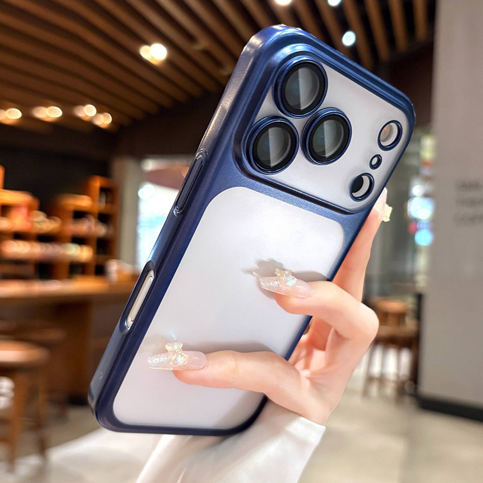 Back. Dteck - Plating Matte Case For iPhone 18 Pro Max with Camera Lens Screen Protector, Shockproof Frosted Translucent Cover - Blue.
