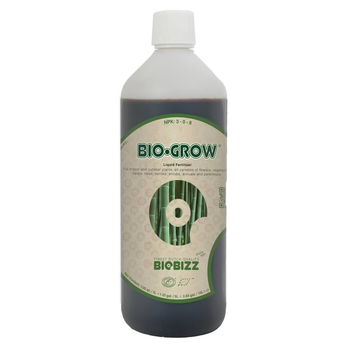 NPK: 3-0-8  
BIO.GROW Liquid Fertilizer  
For indoor and outdoor plants, all varieties of flowers, vegetables, herbs, trees, berries, shrubs, annuals, and perennials.  
FINEST DUTCH QUALITY BIOBIZZ  
Net Content: 1.05 L (1 L) / 1.32 gal.