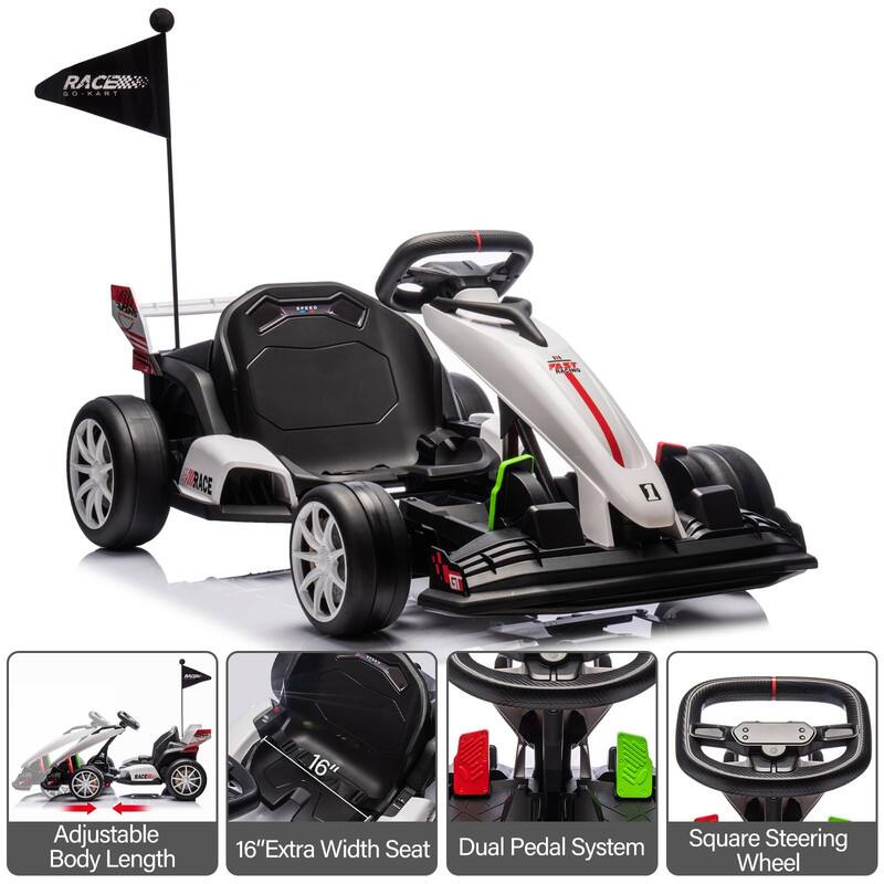 RACEX GT

- Adjustable Body Length
- 16" Extra Width Seat
- Dual Pedal System
- Square Steering Wheel