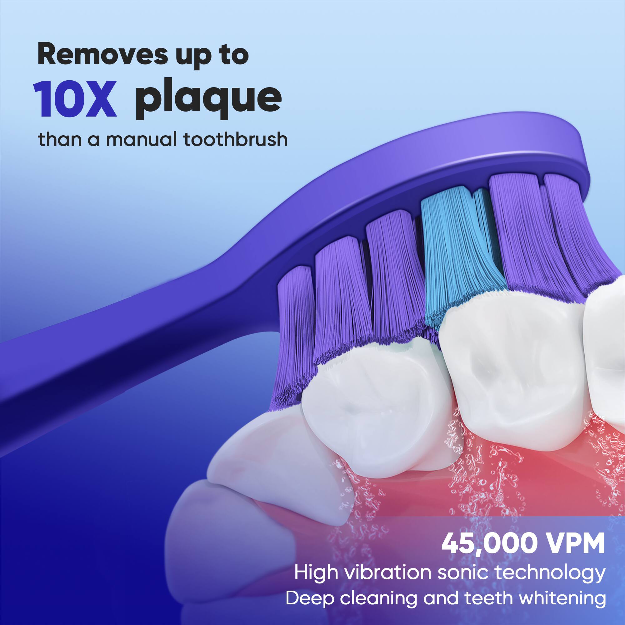 Removes up to 10X plaque than a manual toothbrush. 45,000 VPM High vibration sonic technology. Deep cleaning and teeth whitening.