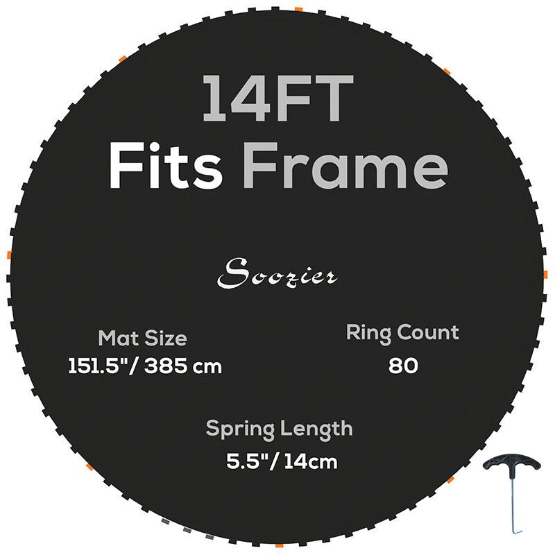 14FT Fits Frame  
Scozier  
Mat Size 151.5" / 385 cm  
Ring Count 80  
Spring Length 5.5" / 14 cm