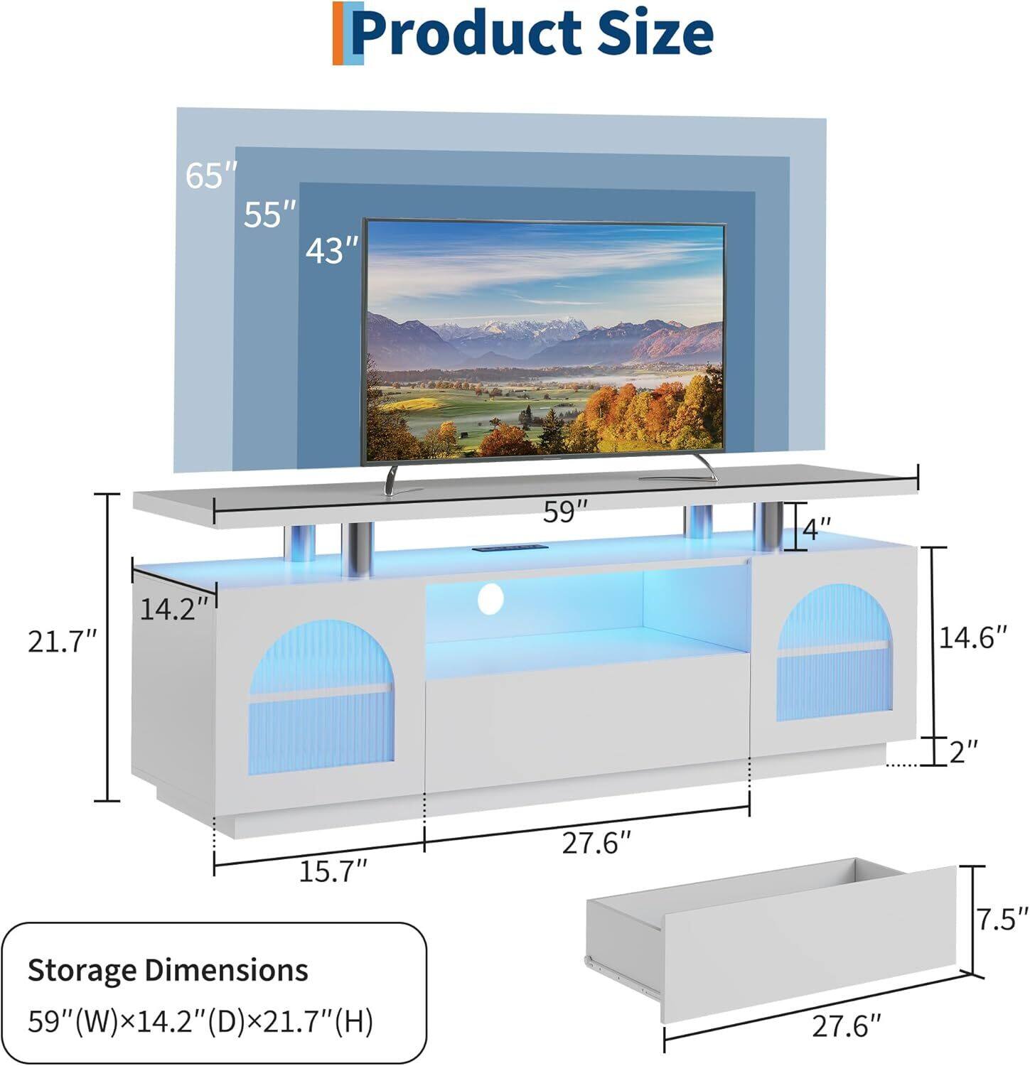 Product Size: 65", 55", 43", 59", 4", 21.7", 14.2", 14.6", 2", 15.7"

Storage Dimensions: 59" (W) x 14.2" (D) x 21.7" (H)