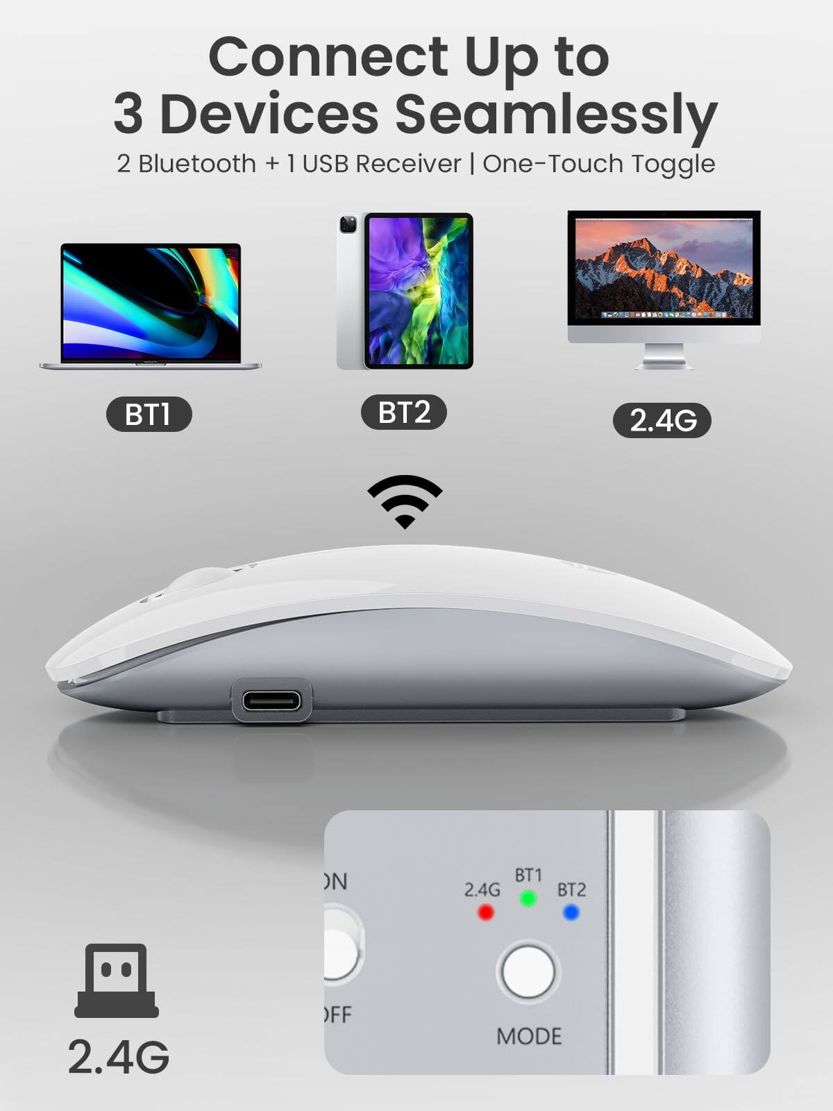 Connect Up to 3 Devices Seamlessly  
2 Bluetooth + 1 USB Receiver | One-Touch Toggle  

BT1  
BT2  
2.4G  

2.4G  
ON  
OFF  
MODE  

2.4G  
BT1  
BT2