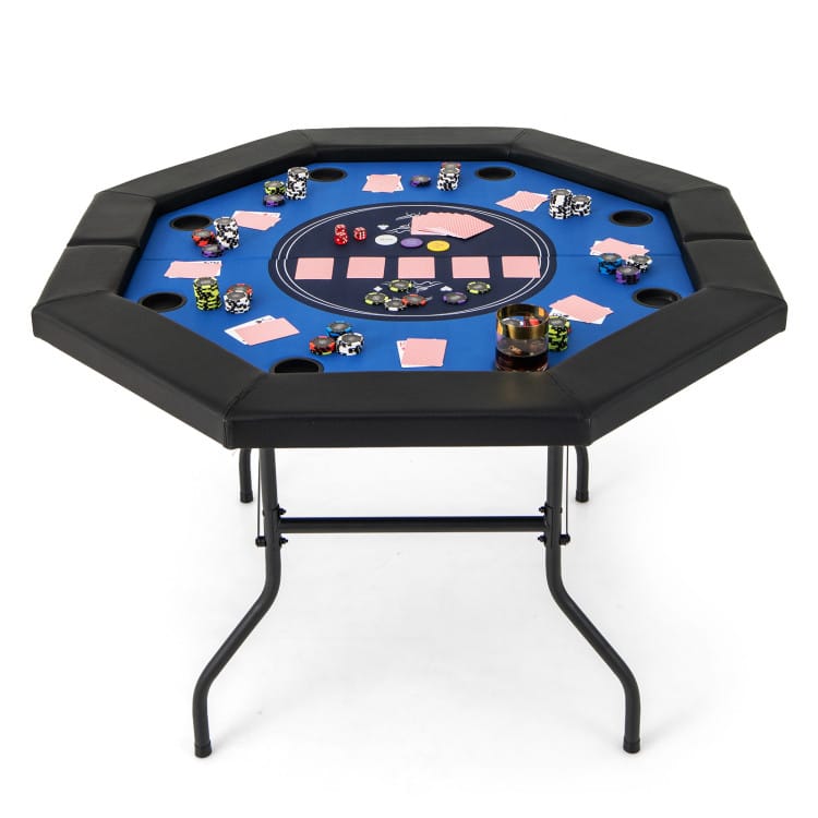 SlickBlue - Foldable Poker Table with Padded Rails and Built-In Cup Holders for Game Night - Blue