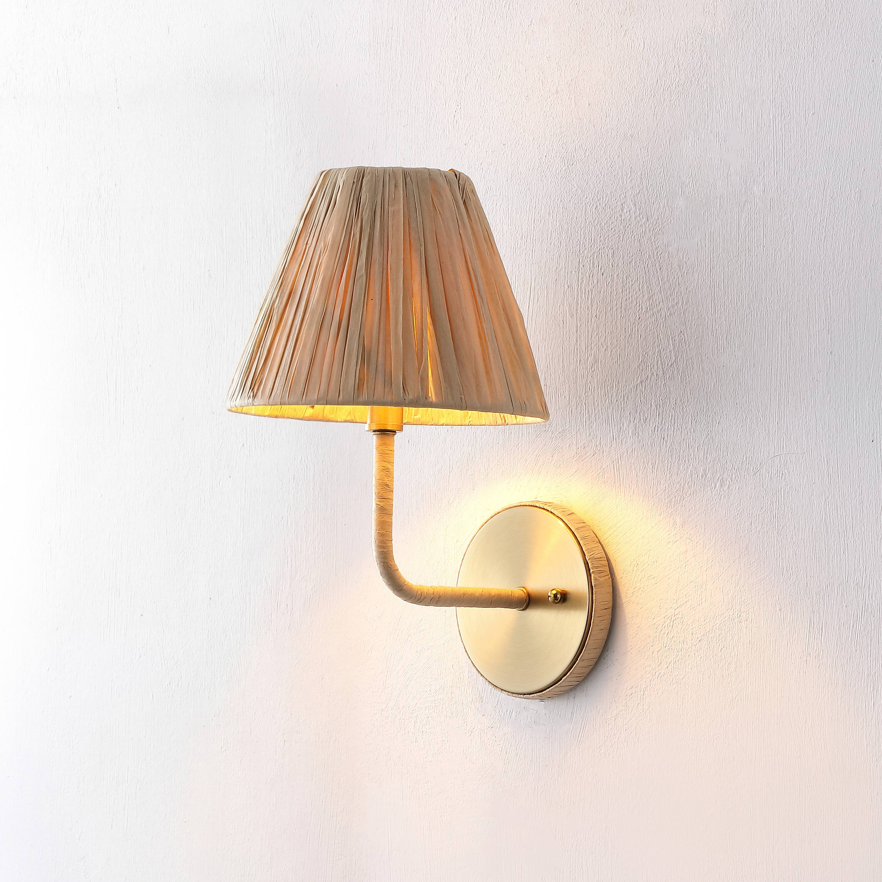 Alt View 1. Jonathan Y - Malaya 8" 1-Light Bohemian Coastal Metal Pleated Paper Shade LED Vanity Light, Beige/Brass Gold - Brass Gold/Beige.