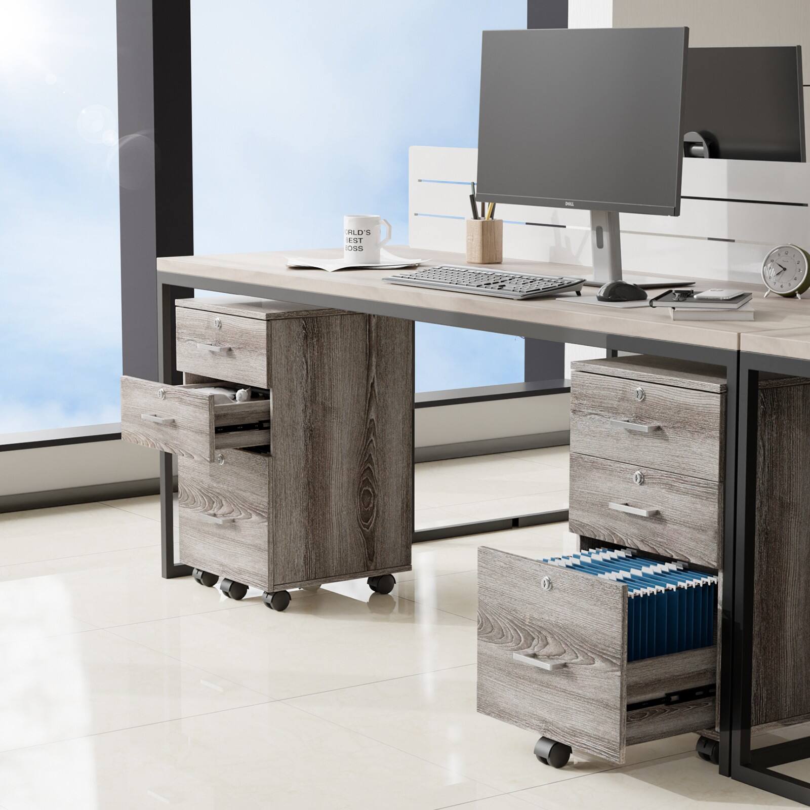 Alt View 7. Winado - 26"H 3 Drawer File Cabinet with Lock Wood File Cabinets with Hanging Bar - Gray Oak.