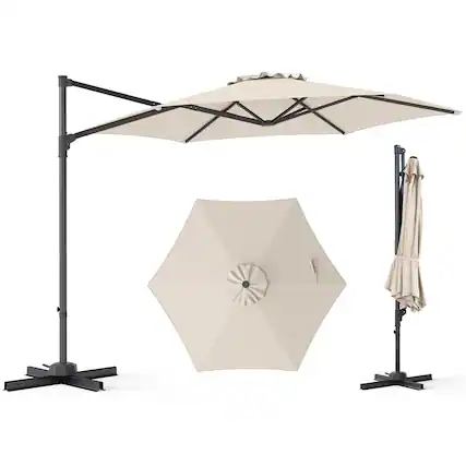 Front. Costway - Costway 10 FT Patio Cantilever Umbrella with 360° Rotation, Air Vent, Cross Base Included - Beige.