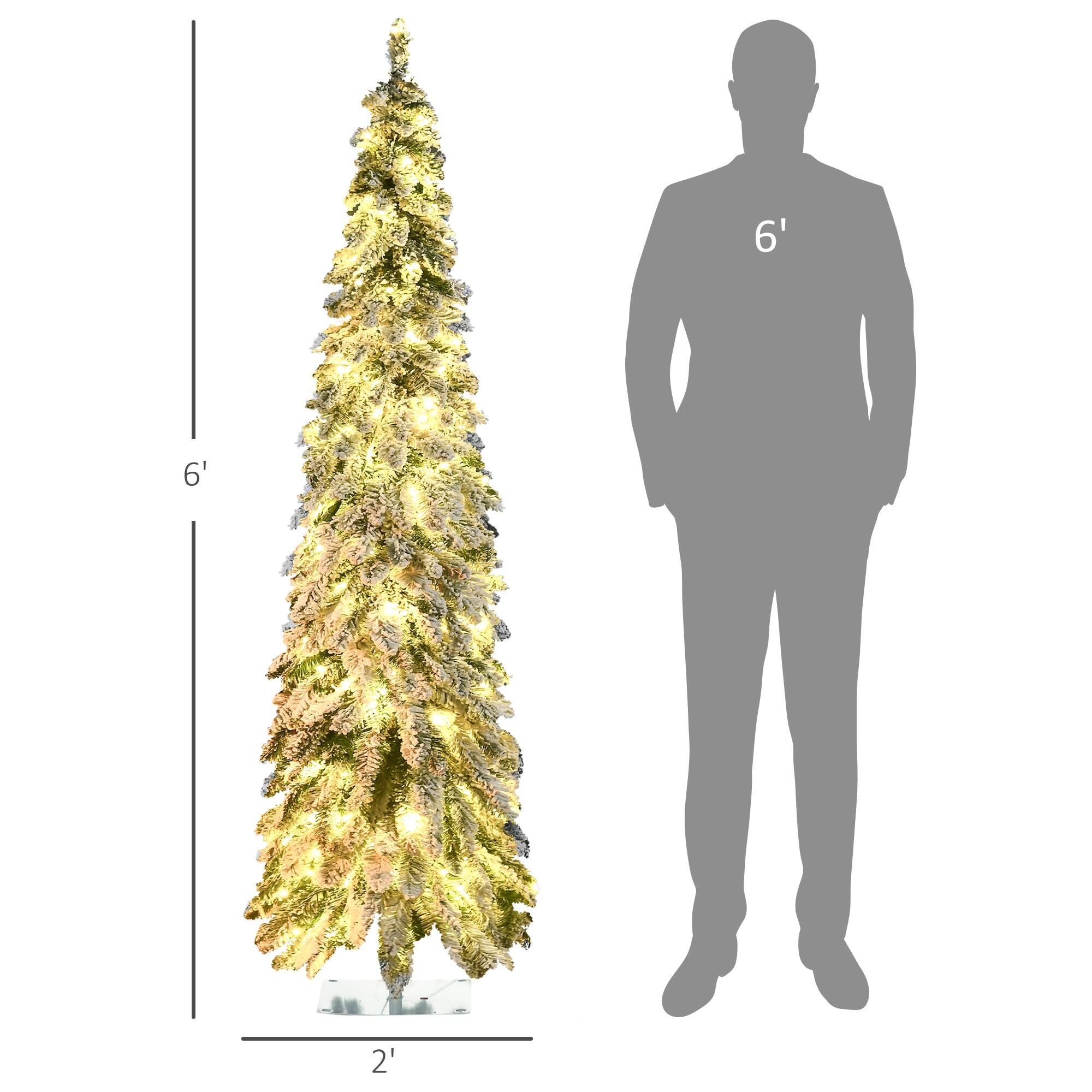 Left. BreeBe - 6ft Tall Prelit Pencil Artificial Christmas Tree Holiday DÃ©cor with 407 Snow Flocked Branches - Green.