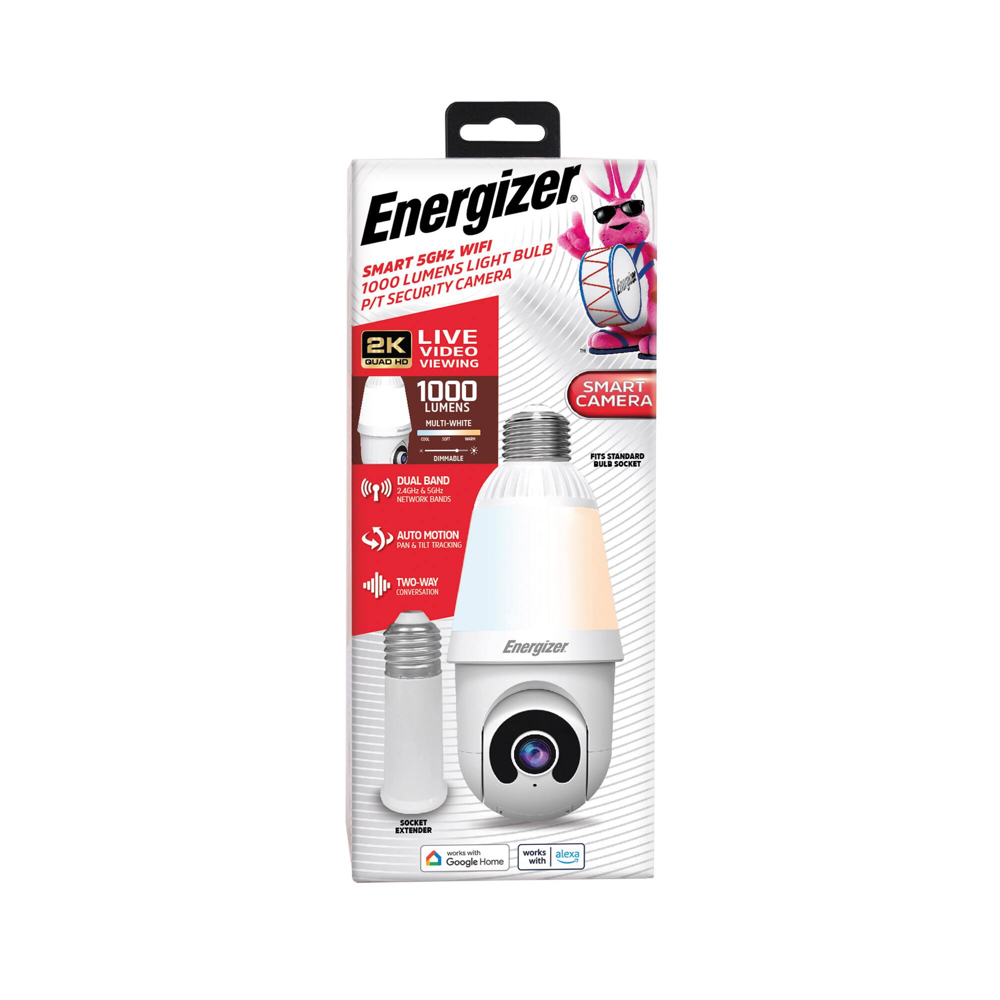 Energizer Smart 5GHz WiFi 1000 Lumens Light Bulb PT Security Camera  
- 2K Live Video Viewing  
- 1000 Lumens  
- Dual Band (2.4GHz & 5GHz)  
- Auto Motion  
- Two-Way Communication  
- Works with Google Home and Alexa  
- Socket Extender Included