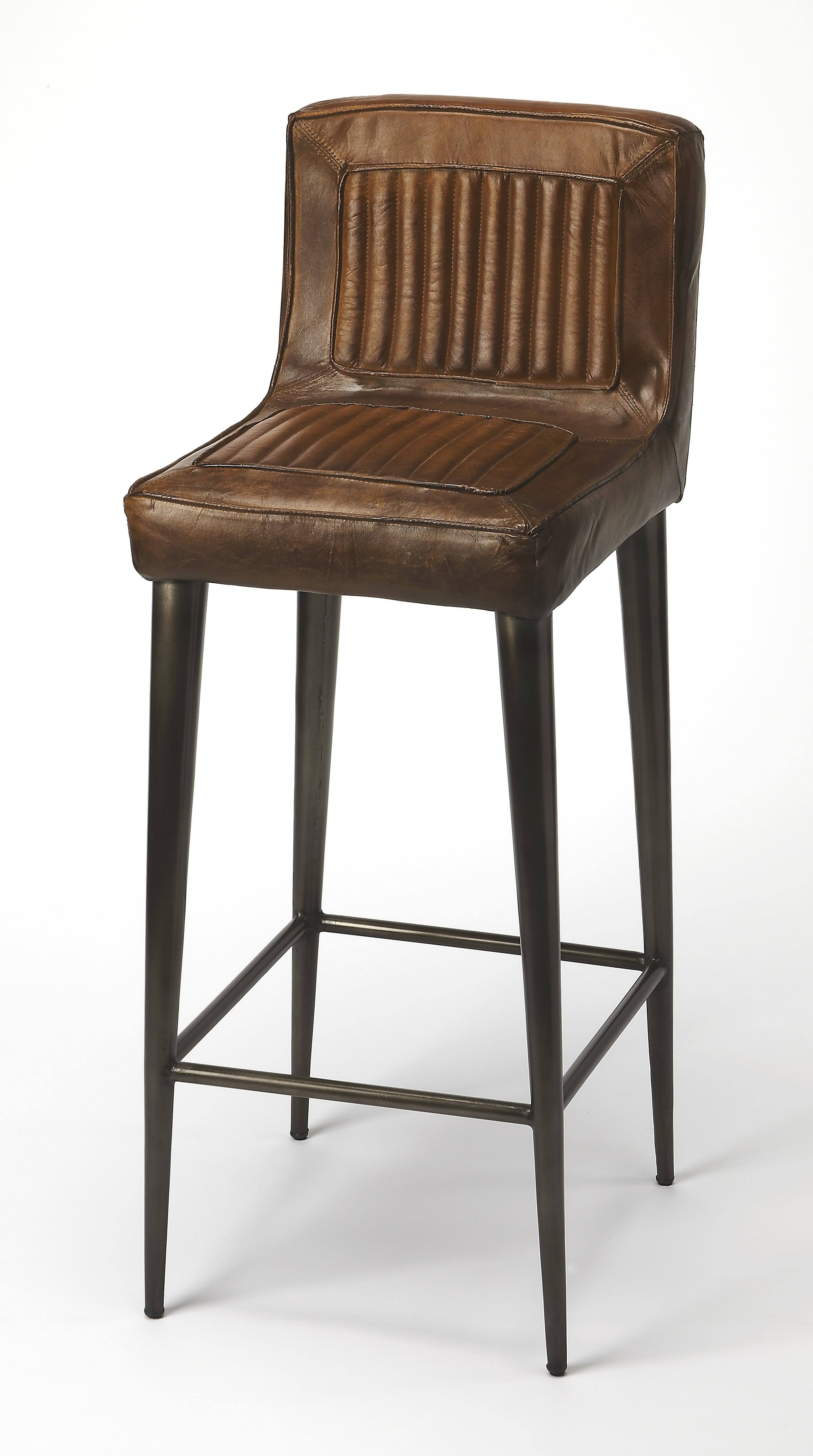 Butler Specialty - Maxwell 32 in. Seat Height Leather and Iron Bar Height Stool with Back - Dark Brown