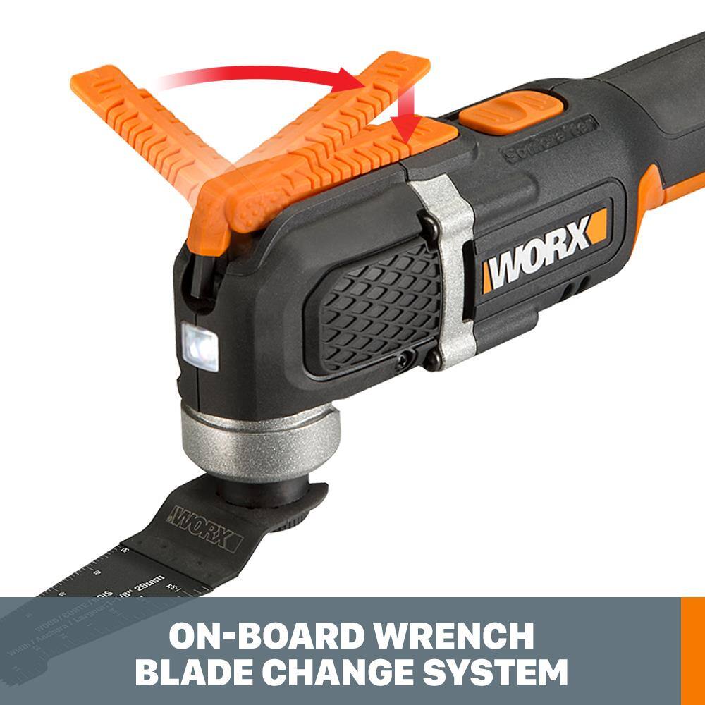 Ten Somerafter WORX RAWORX N 28r AS mS CONTE Largeurt WOOD Width ON-BOARD WRENCH BLADE CHANGE SYSTEM