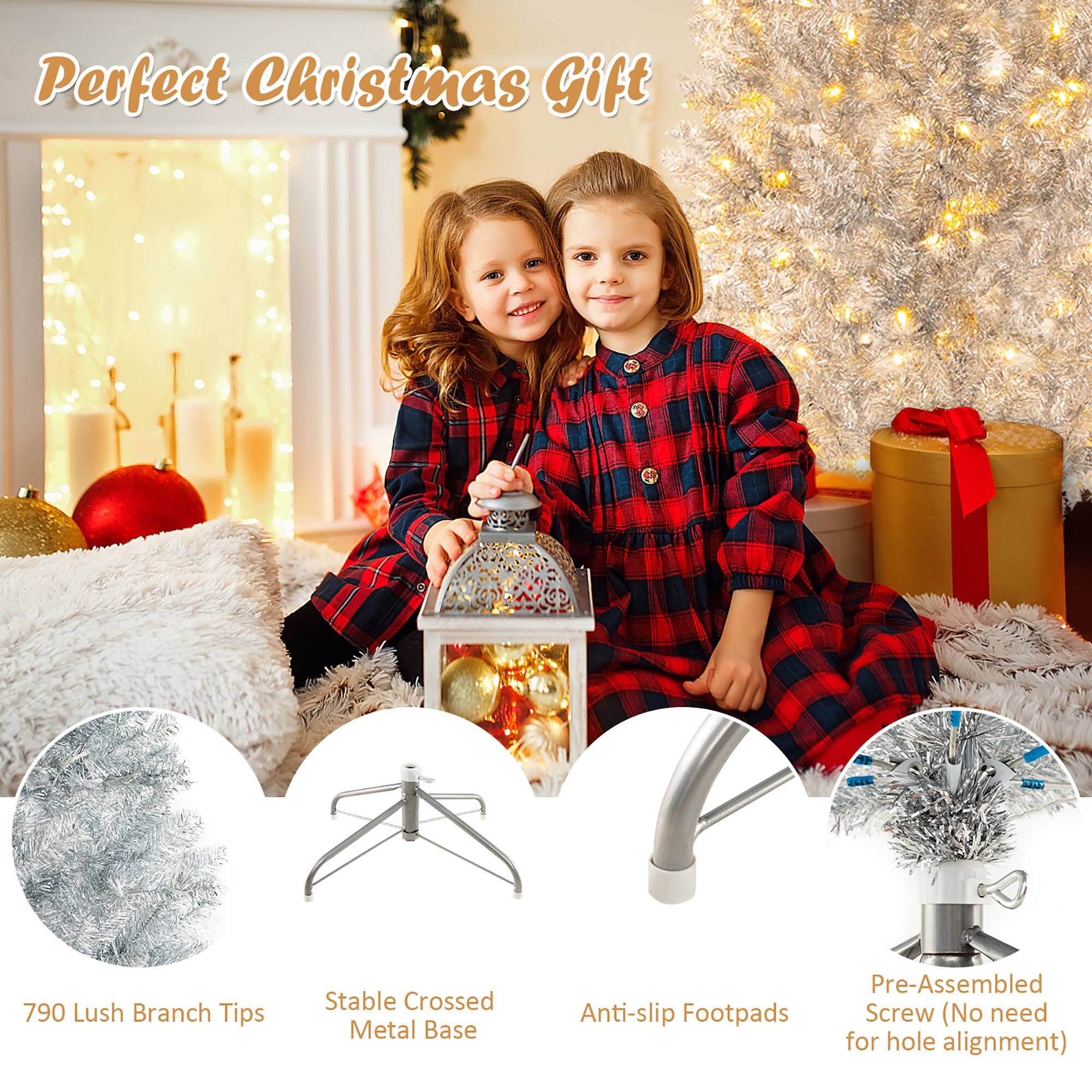 Perfect Christmas Gift

790 Lush Branch Tips

Stable Crossed Metal Base

Anti-slip Footpads

Pre-Assembled Screw (No need for hole alignment)