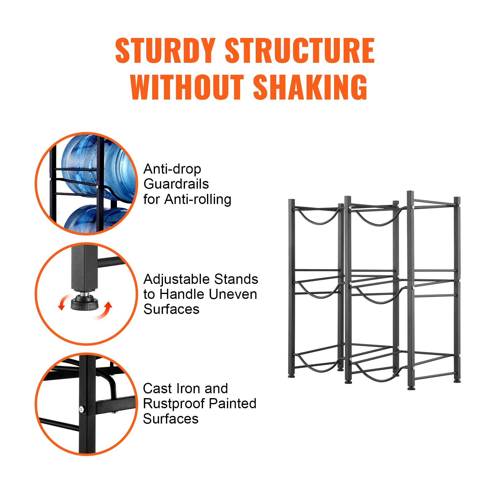 STURDY STRUCTURE WITHOUT SHAKING

- Anti-drop Guardrails for Anti-rolling
- Adjustable Stands to Handle Uneven Surfaces
- Cast Iron and Rustproof Painted Surfaces