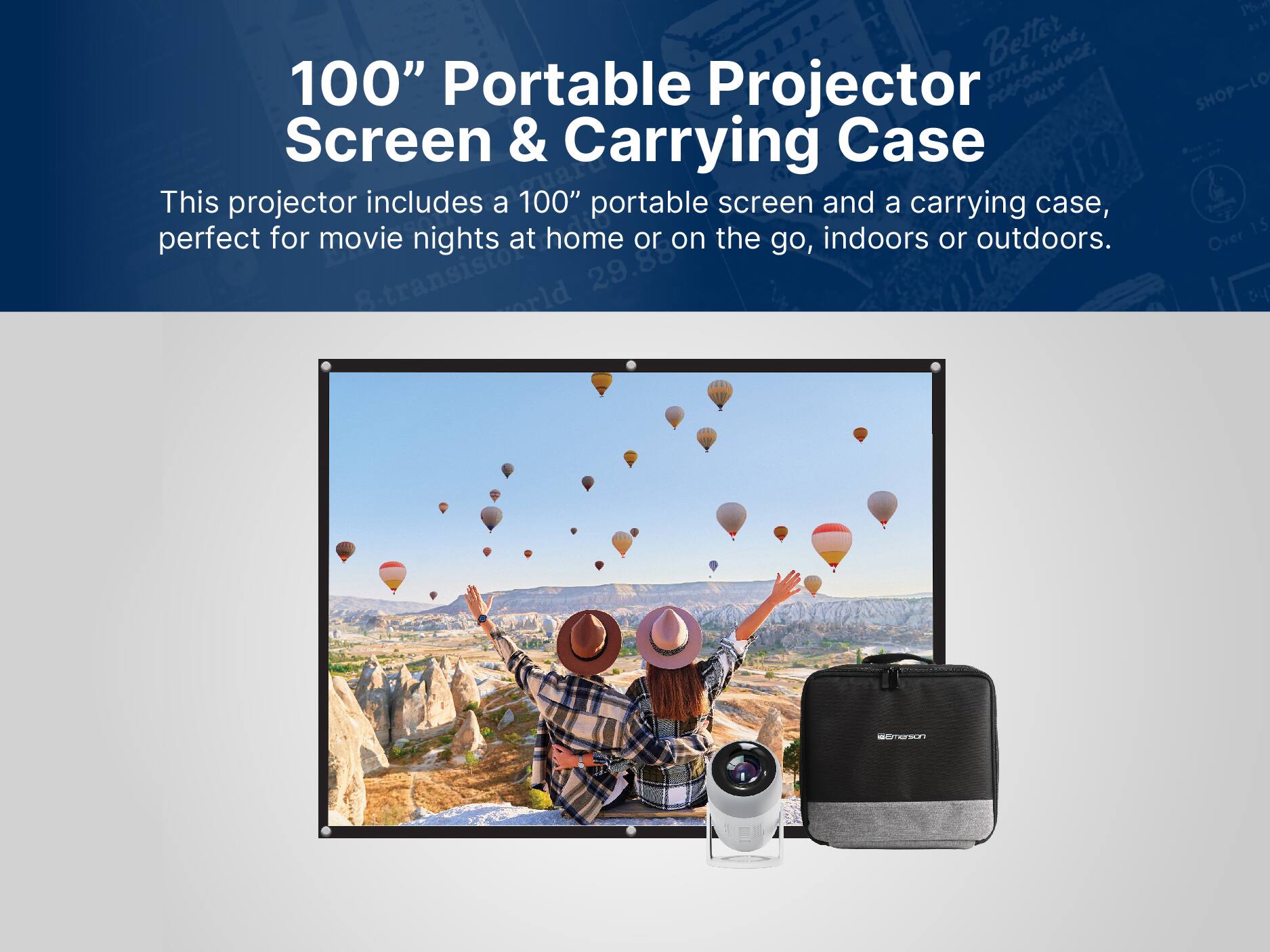 This projector includes a 100" portable screen and a carrying case, perfect for movie nights at home or on the go, indoors or outdoors. Better TOA, 100" Portable Projector STRE PERFODMANC, e Screen & Carrying Case o This includes zuar 100" screen and projector a portable a carrying case, perfect for movie nights at home or on the go, indoors or outdoors. Stransisto@ 29.88 Pir l a1 L SHOP-LO 15 Over b MOSOn