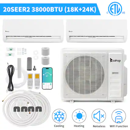20SEER2 38000BTU (18K+24K)
C ETD US RISTED
Zakop 619
Exohop 619
sum - III II II IIII II TT 8 zokop 61 B_o nnto_ti . - ann X
Cooling Heating Noiseless WIFI Function