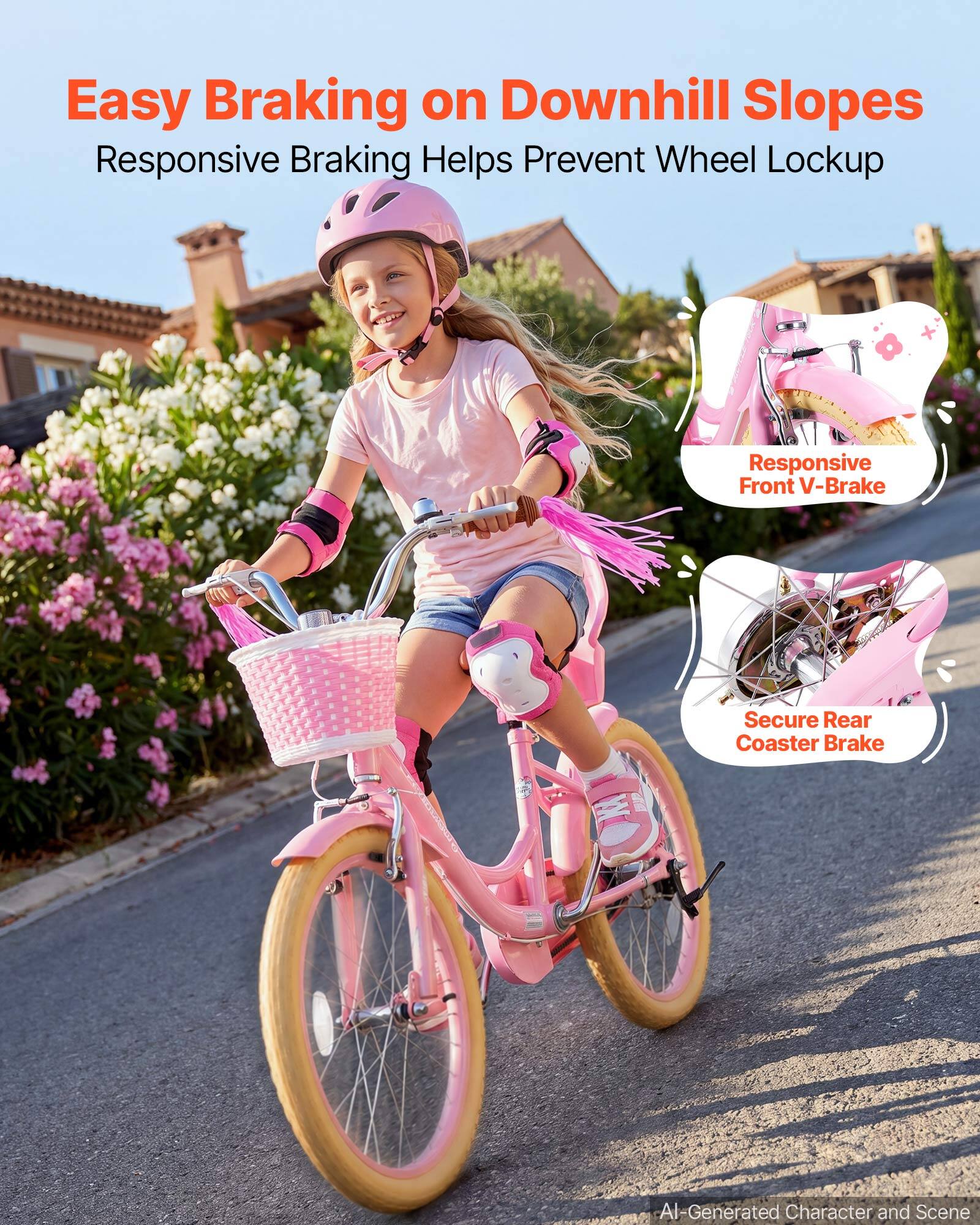 Easy Braking on Downhill Slopes  
Responsive Braking Helps Prevent Wheel Lockup  

Responsive Front V-Brake  
Secure Rear Coaster Brake  

AI-Generated Character and Scene