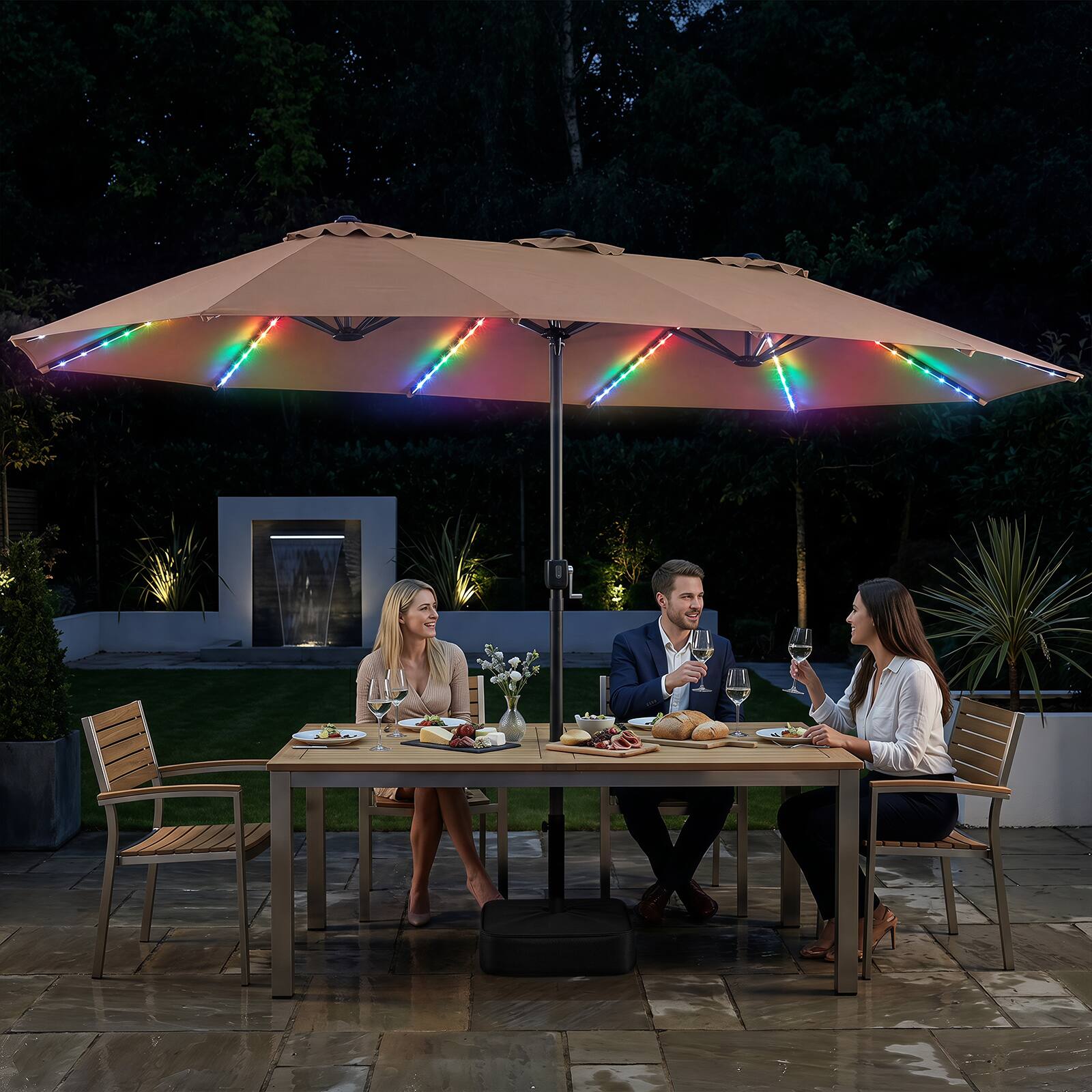 Alt View 3. Costway - Costway 15.5 FT Extra-Large Patio Umbrella with Base Included, 12 Ribs, 12 Light Modes - Brown.