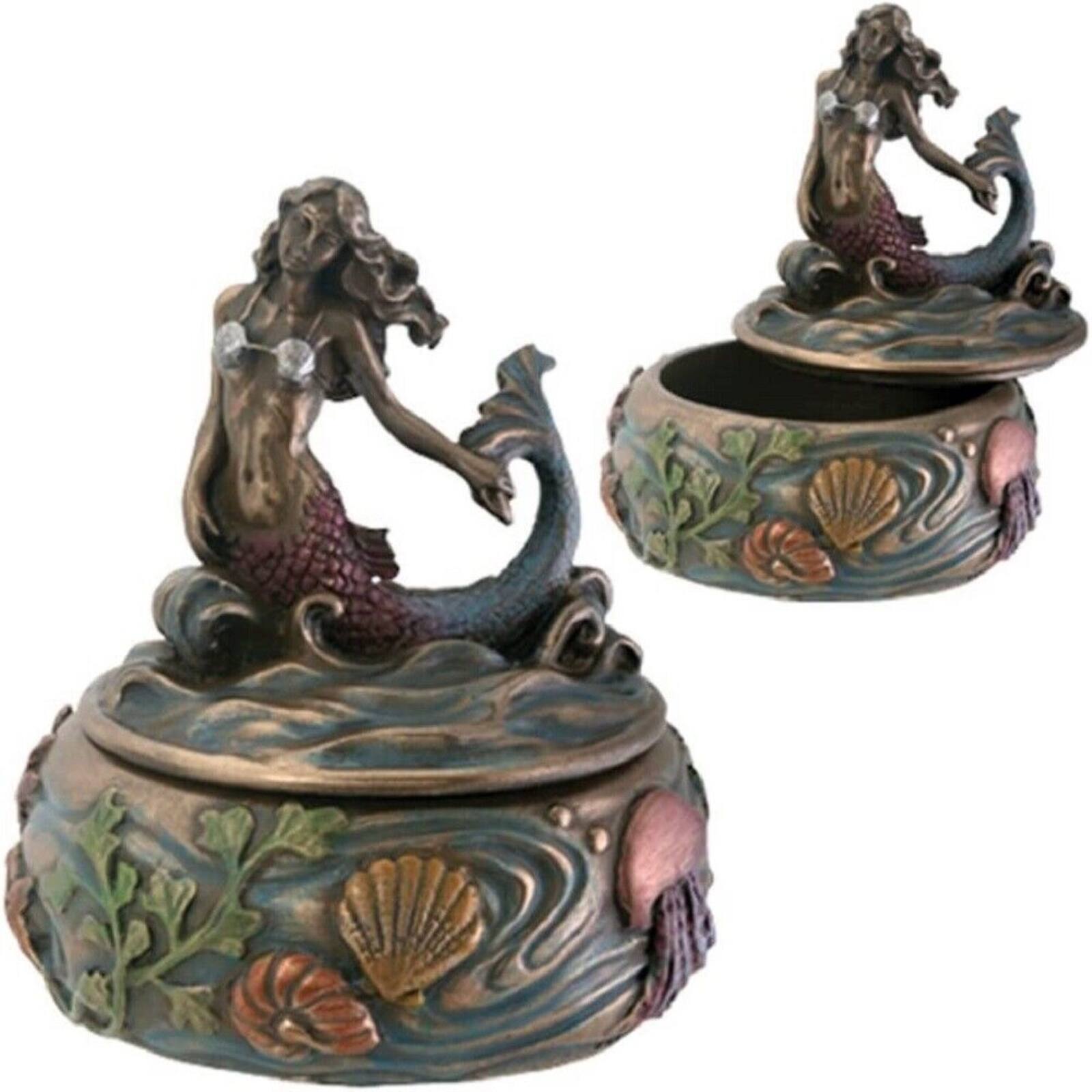 Angle. Pacific Trading - Bronze Mermaid Sitting Above Ocean Waves Small Round Jewelry Trinket Keepsake Box Resin 3.25 inch - Bronze.