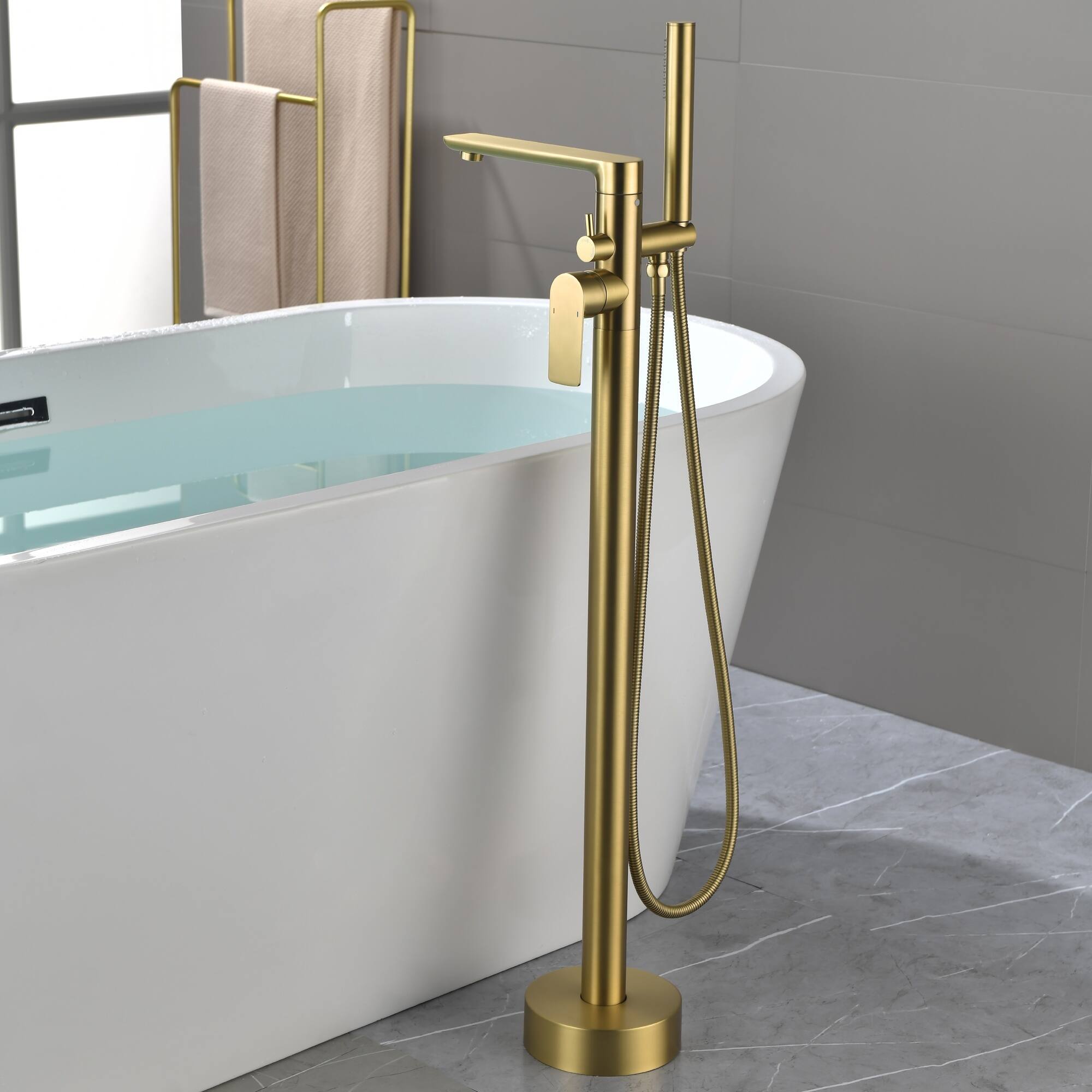 Alt View 4. Boyel Living - Brushed Gold Freestanding Bathtub Faucet Solid Brass Single Handle 360° Swivel 60-Inch Hose cUPC Certified - Brushed Gold.