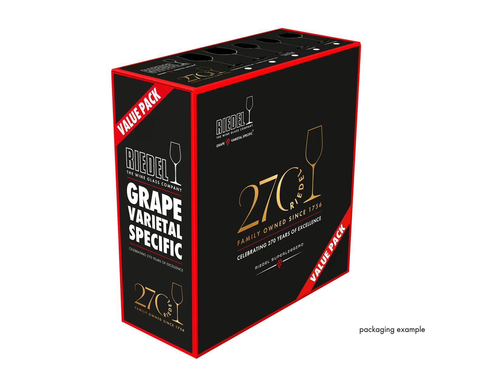 VALUE PACK  
RIEDEL  
THE WINE GLASS COMPANY  
GRAPE VARIETAL SPECIFIC  

270  
FAMILY OWNED SINCE 1756  
CELEBRATING 270 YEARS OF EXCELLENCE  

RIEDEL SUPERLEGGERO  

packaging example