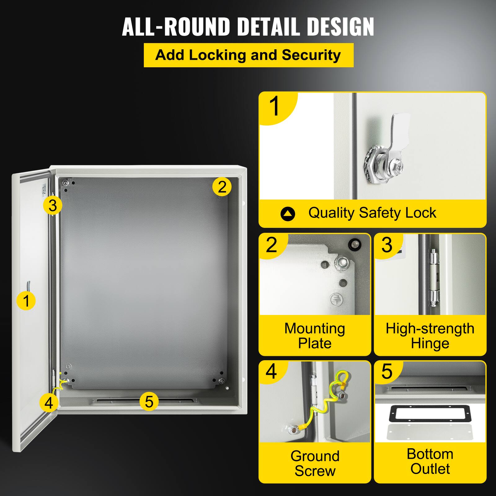 ALL-ROUND DETAIL DESIGN  
Add Locking and Security  

1. Quality Safety Lock  
2. Mounting High-strength Plate  
3. High-strength Hinge  
4. Ground Screw  
5. Bottom Outlet