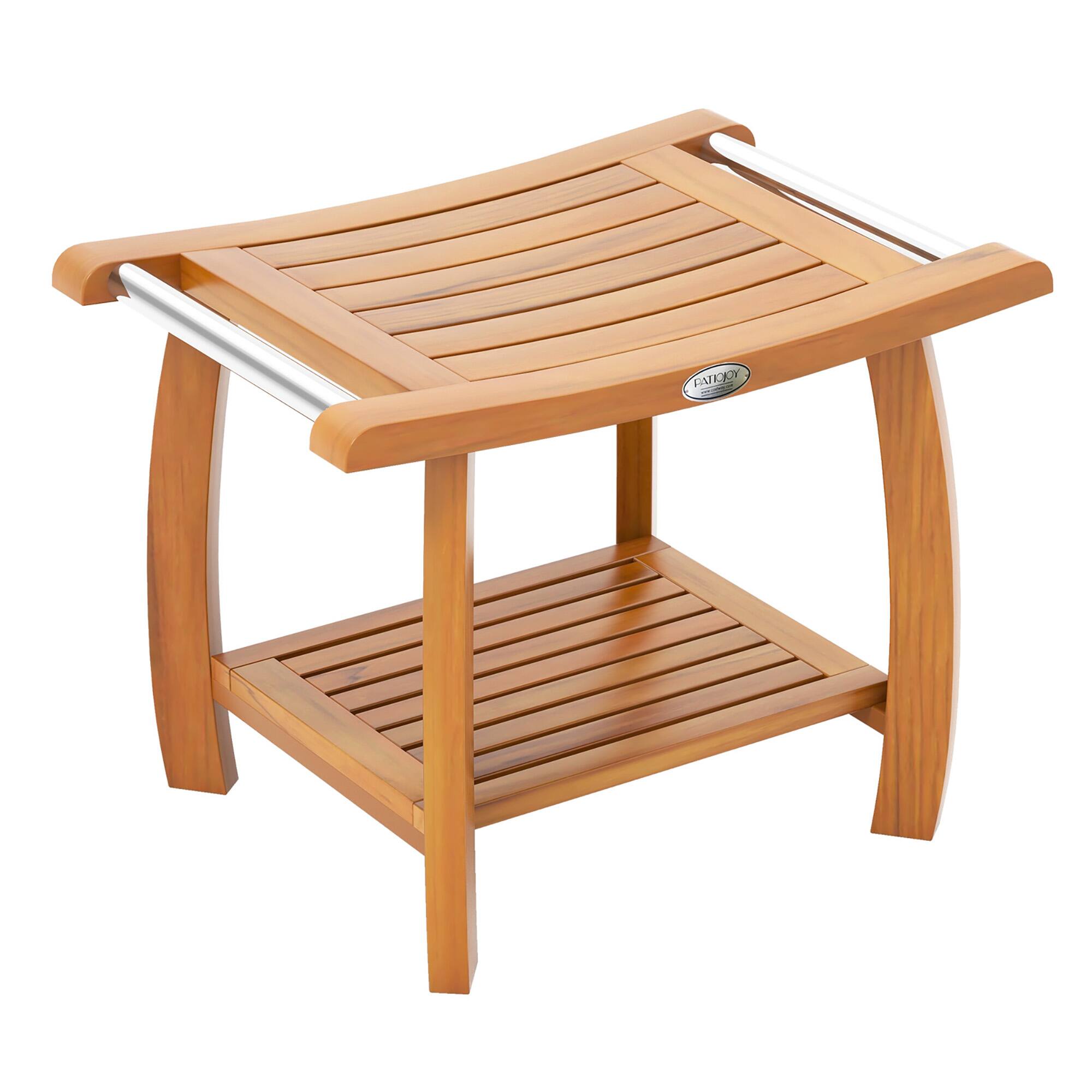 Alt View 9. Gymax - Gymax Teak Wood Shower Bench 2-Tier Wooden Shower Stool w/ Curved Seat Handles Small - Natural.