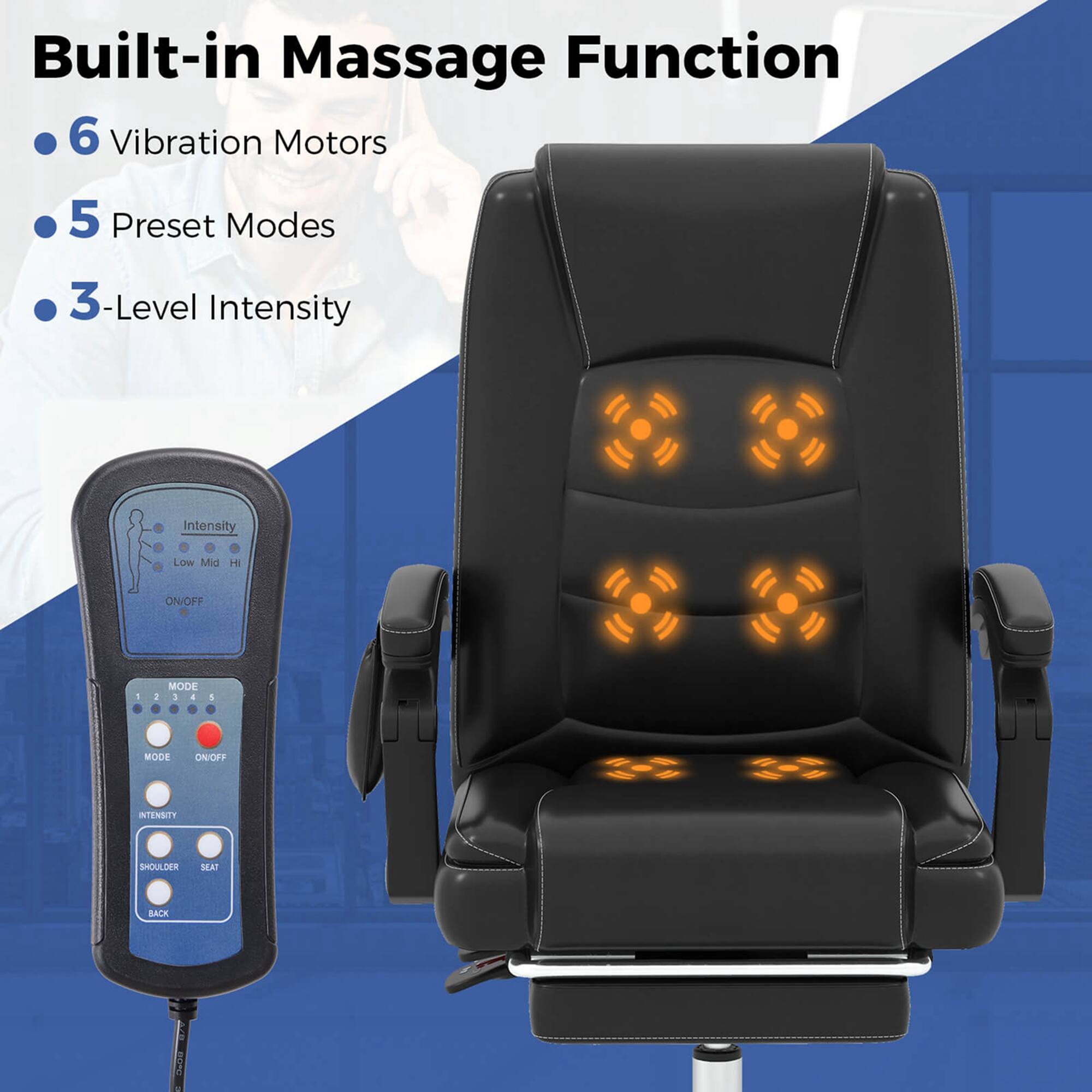 Built-in Massage Function: 6 Vibration Motors, 5 Preset Modes, 3-Level Intensity.