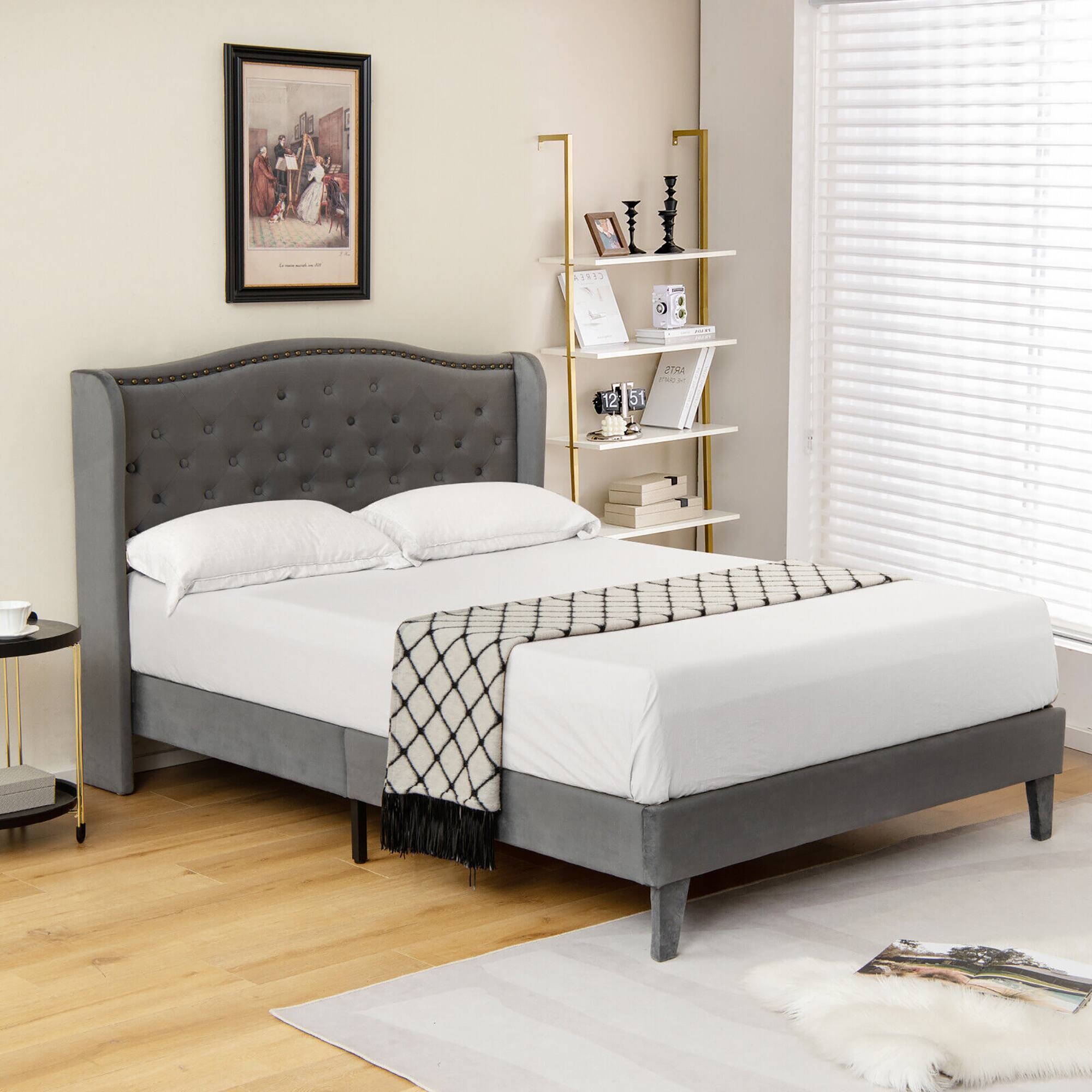 Alt View 2. Gymax - Gymax Queen Upholstered Platform Bed Frame w/ Button Tufted Headboard Noise-free - Grey.