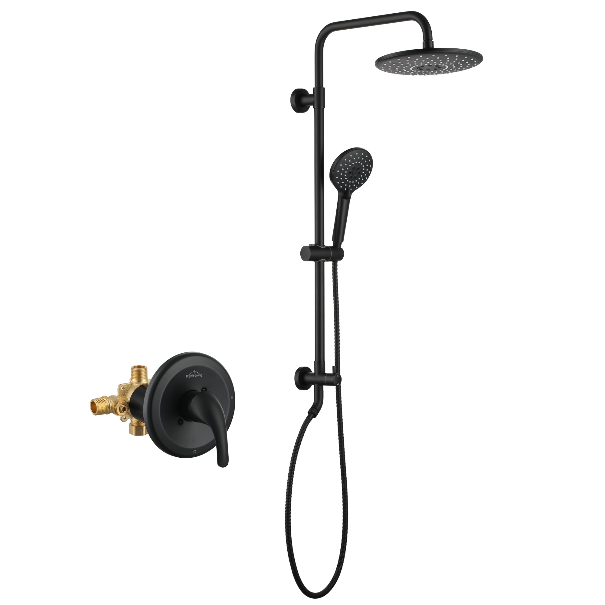 Front. Boyel Living - 3-Spray Patterns with 2.5 GPM 10 in. Wall Mount Dual Shower Heads with Pressure Balance Valve in Matte Black - Matte Black.