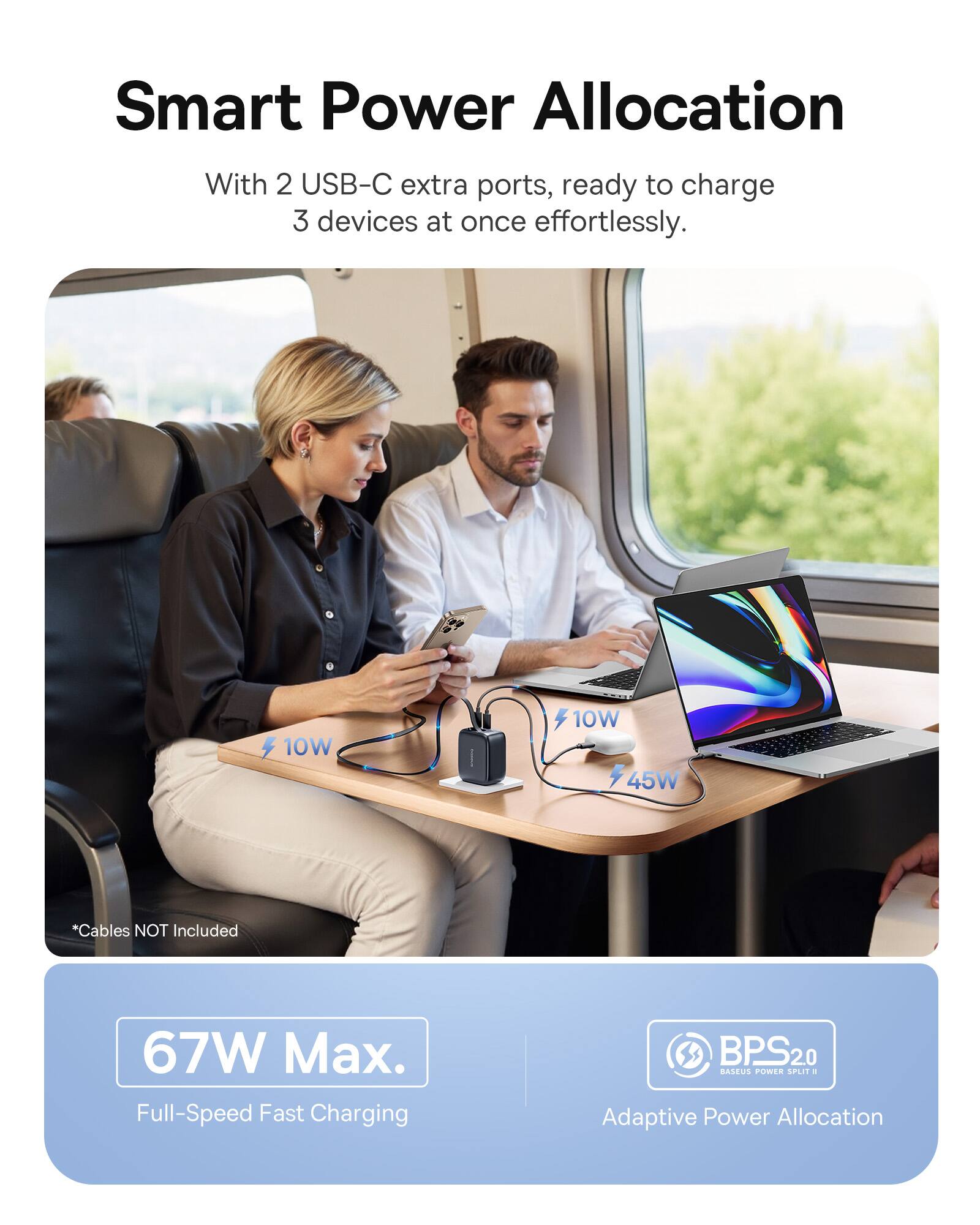 The text on the image is grouped and corrected as follows:

Smart Power Allocation: With 2 USB-C extra ports, ready to charge 3 devices at once effortlessly. 10W 10W 45W *Cables NOT Included 67W Max. Full-Speed Fast Charging BPS 20 BASEUS PURTS SPLIEM - Adaptive Power Allocation.