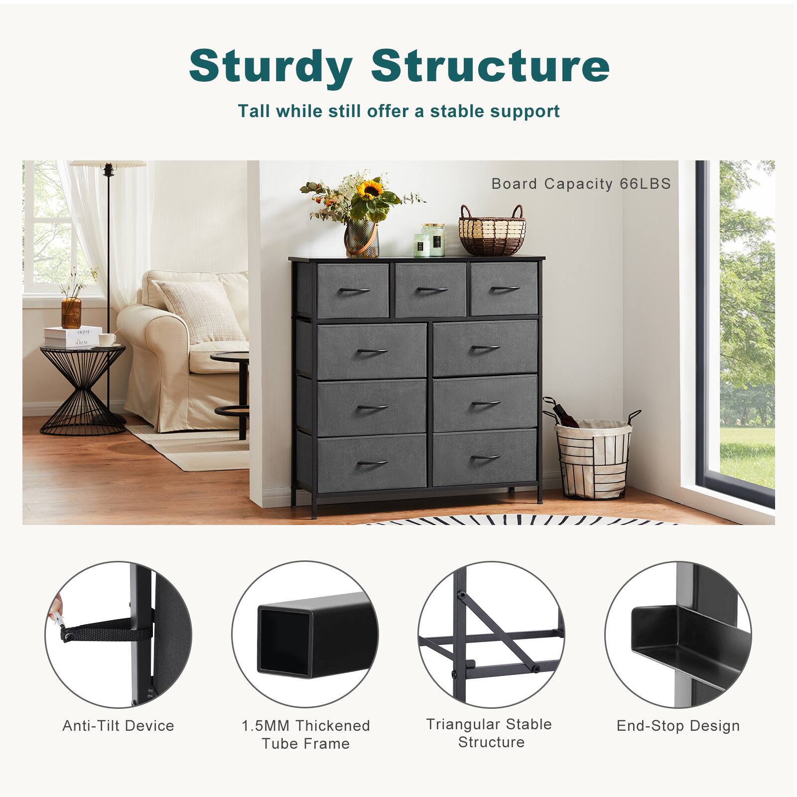 Sturdy Structure: Tall while still offering a stable support. Board Capacity: 66LBS. Anti-Tilt Device: 1.5MM Thickened Tube Frame. Triangular Stable Structure: End-Stop Design.
