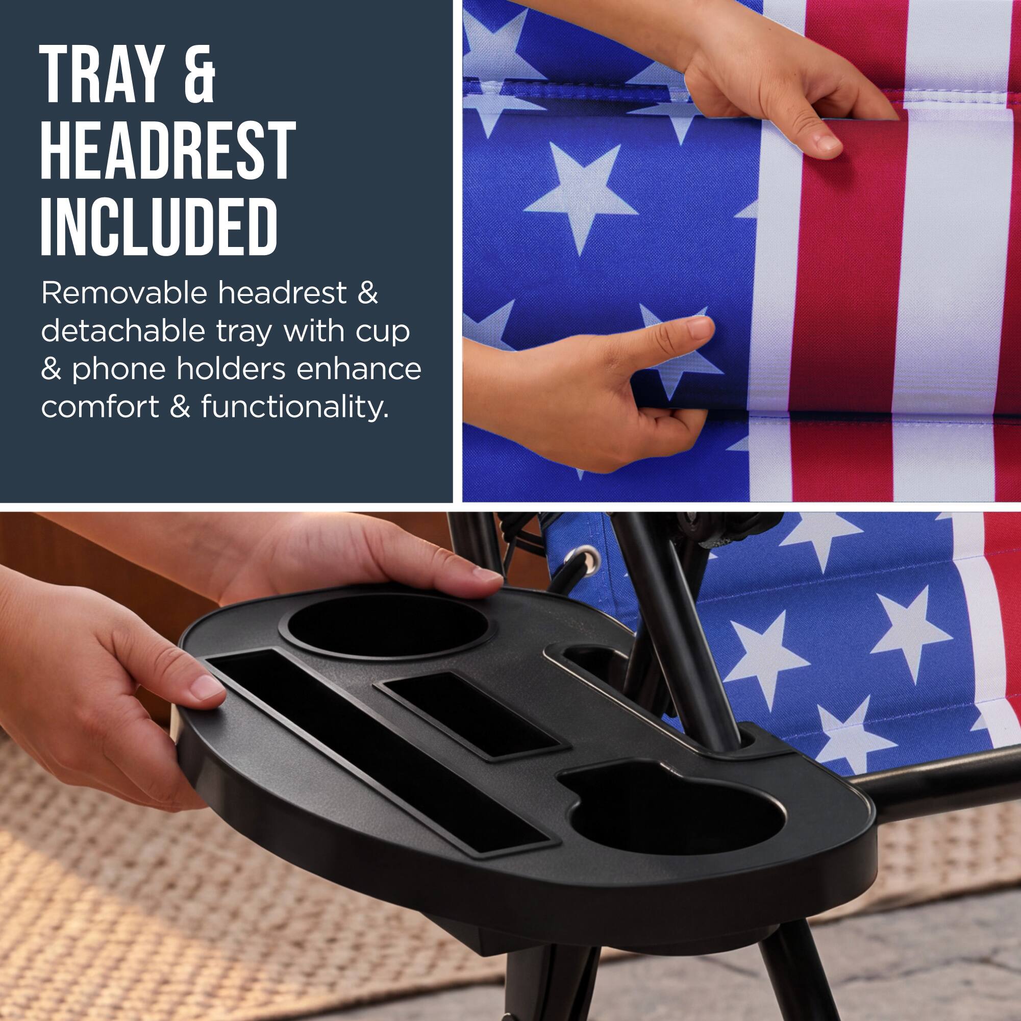 TRAY & HEADREST INCLUDED

Removable headrest & detachable tray with cup & phone holders enhance comfort & functionality.