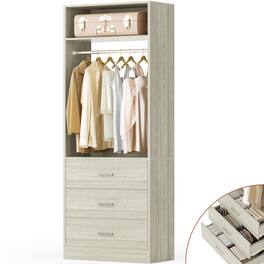 Aheaplus - 24" Freestanding Closet System,3 Wood Drawers, Hanging Rod & Shelves - Space-Saving Organizer for Small Closets - White Oak