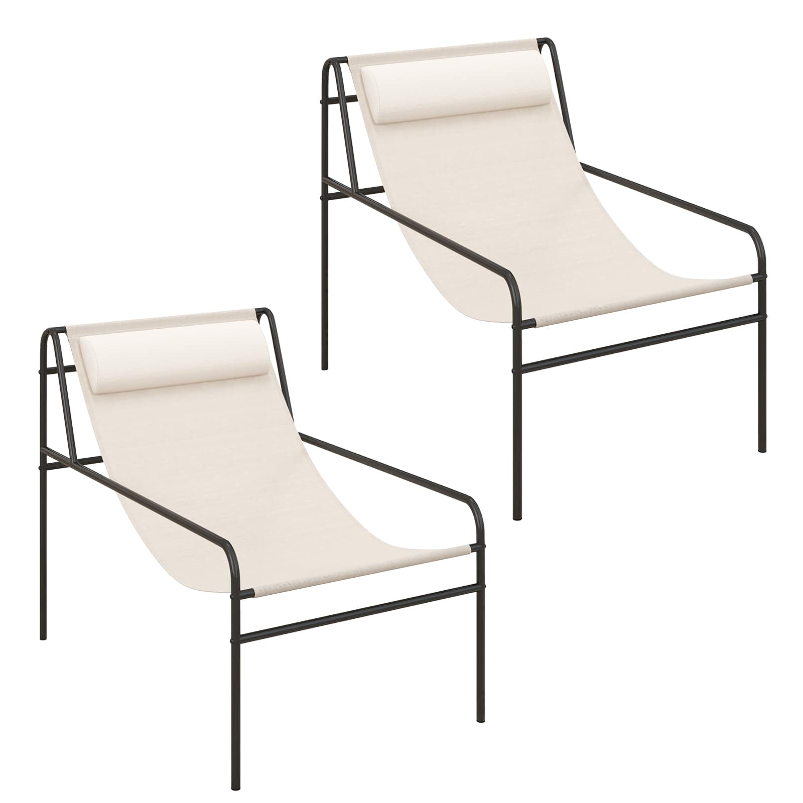 Gymax - 2 Pieces Patio Sling Chair Modern Accent Chair w/ Removable Headrest & Sturdy Metal Frame - Beige