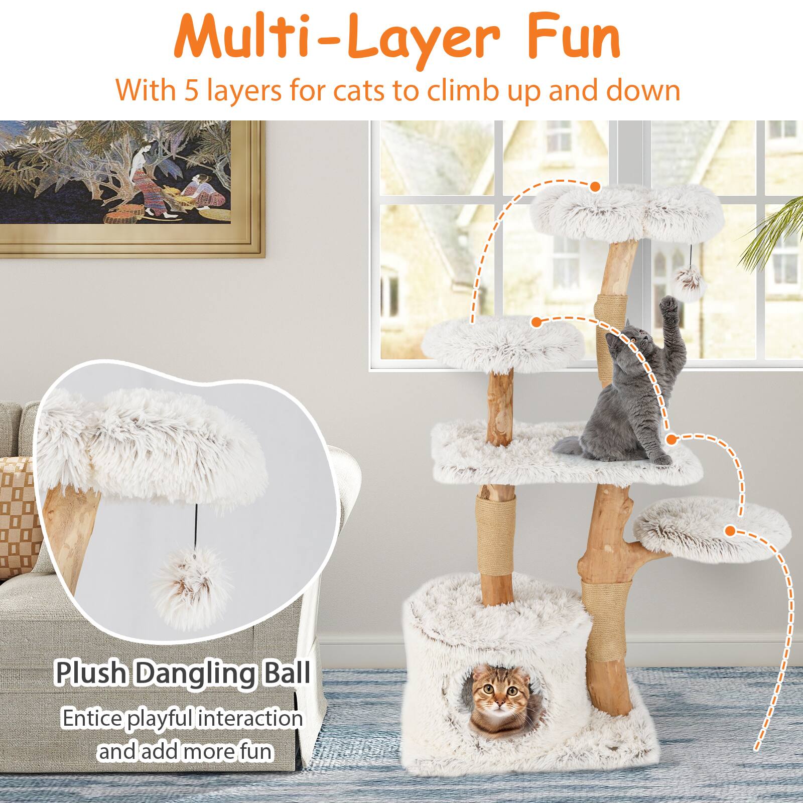 Multi-Layer Fun  
With 5 layers for cats to climb up and down  

Plush Dangling Ball  
Entice playful interaction and add more fun