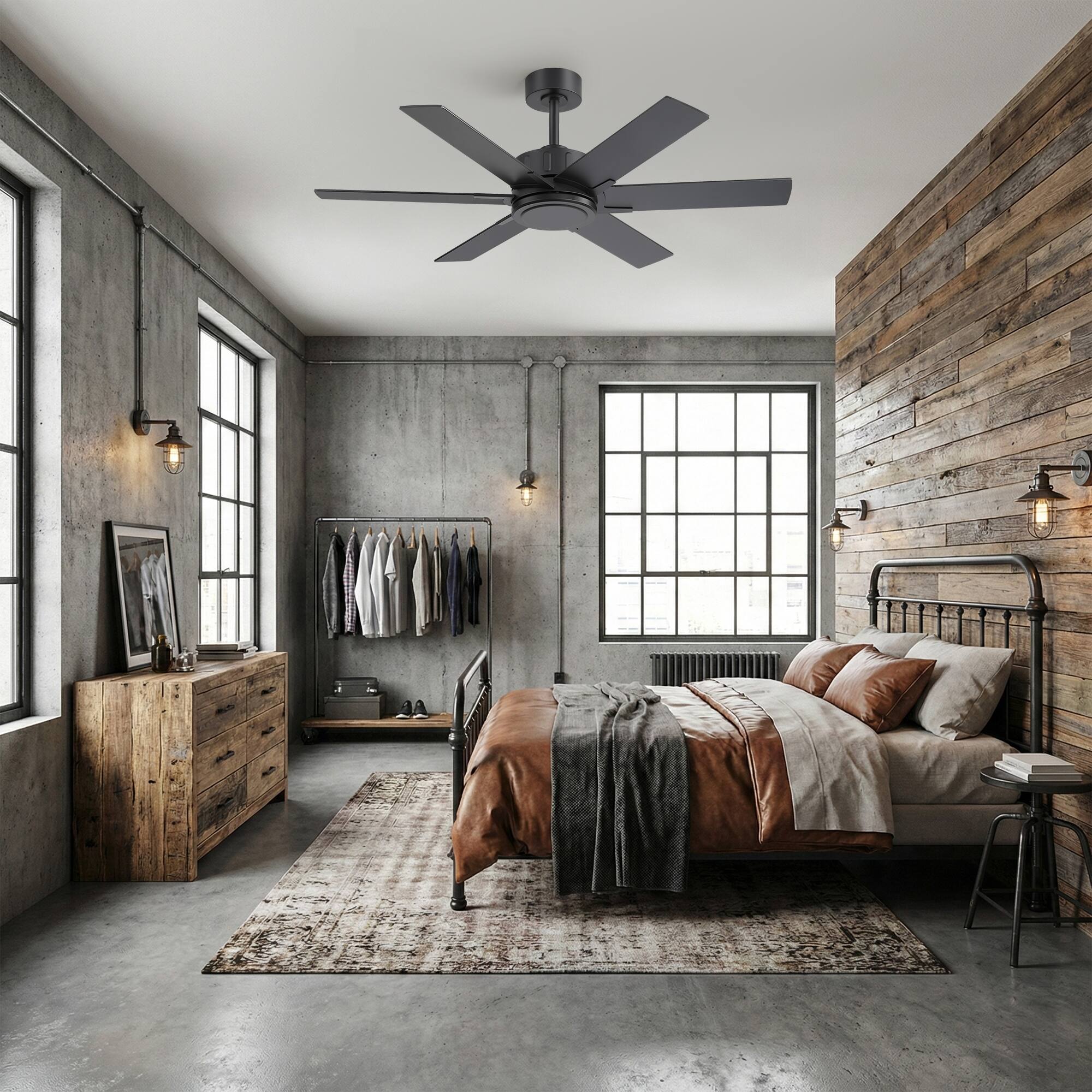 Back. Breezary - 48-Inch Modern Versatile Ceiling Fan with 6 Plywood Blades, DC Motor, 6-Speed Remote, Timer, Downrod Mount - 48-Inch Black and Walnut.