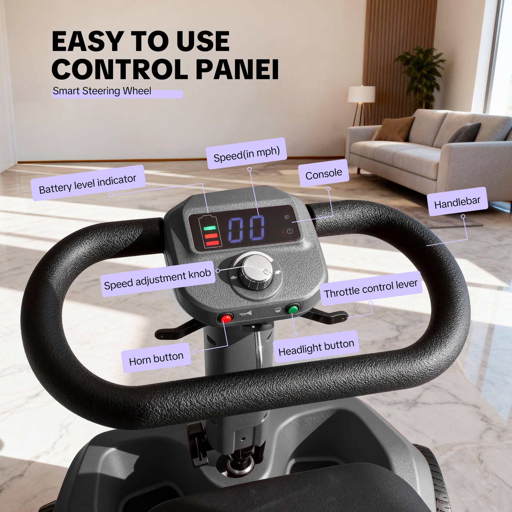 EASY TO USE CONTROL PANEL  
Smart Steering Wheel  
Battery level indicator  
Speed (in mph)  
Console  
Handlebar  
Speed adjustment knob  
Throttle control lever  
Horn button  
Headlight button
