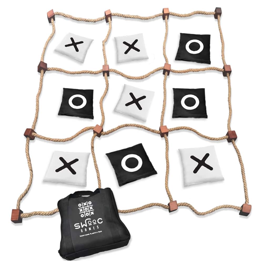Swooc Games - Giant Tic Tac Toe Bean Bag Toss Game - 3ft x 3ft - Instant Setup - Tic Tac Toe Outdoor Game with Rope Game Board - Black