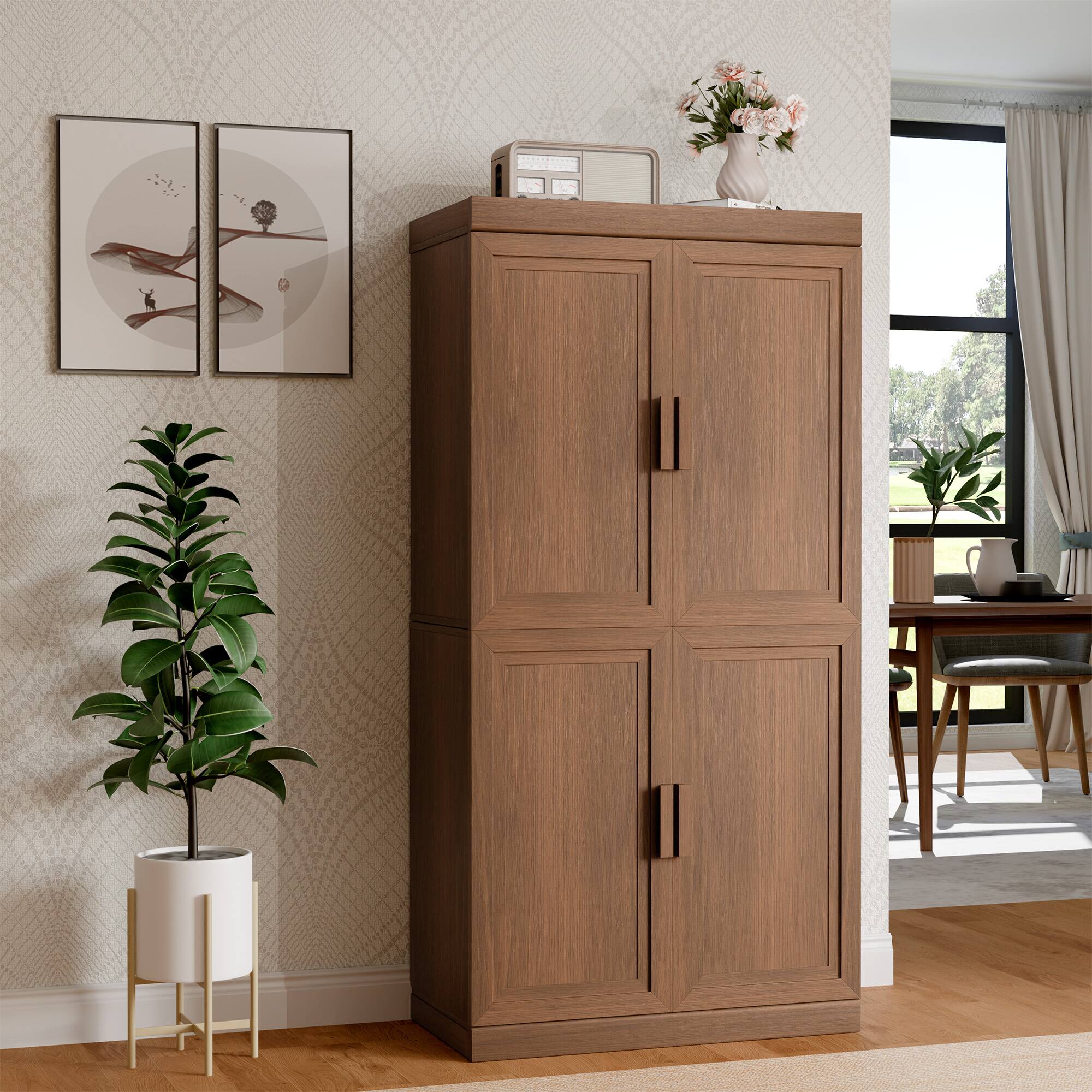 Alt View 1. PexFix - 62" Kitchen Pantry Cabinet, Oak Freestanding Storage Cabinet with Doors and Adjustable Shelves for Dining Room - Light Walnut.