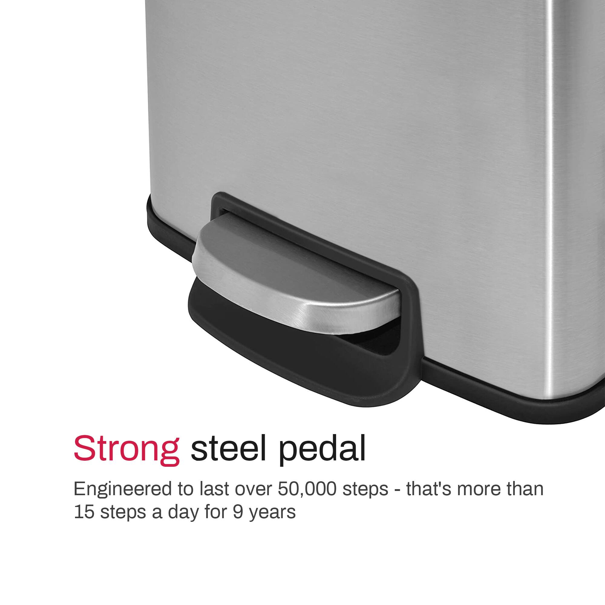 Strong steel pedal

Engineered to last over 50,000 steps - that's more than 15 steps a day for 9 years