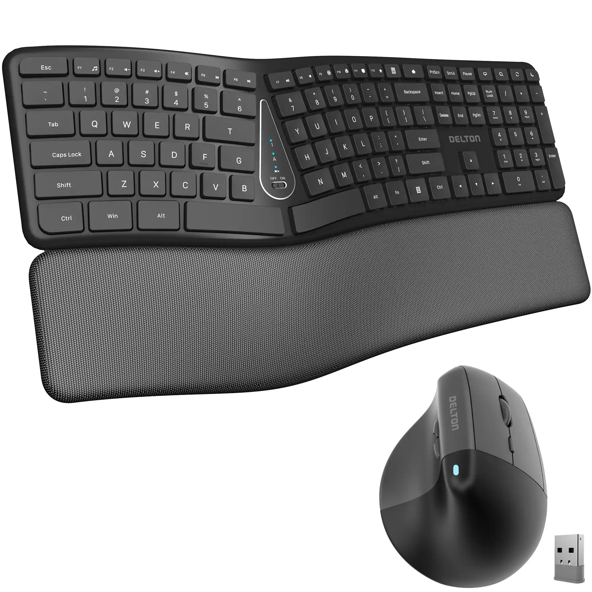 Delton - KB250&S38 2.4GHz Wireless Ergonomic Keyboard and Mouse Combo, (DKME250S38-WB) - Black