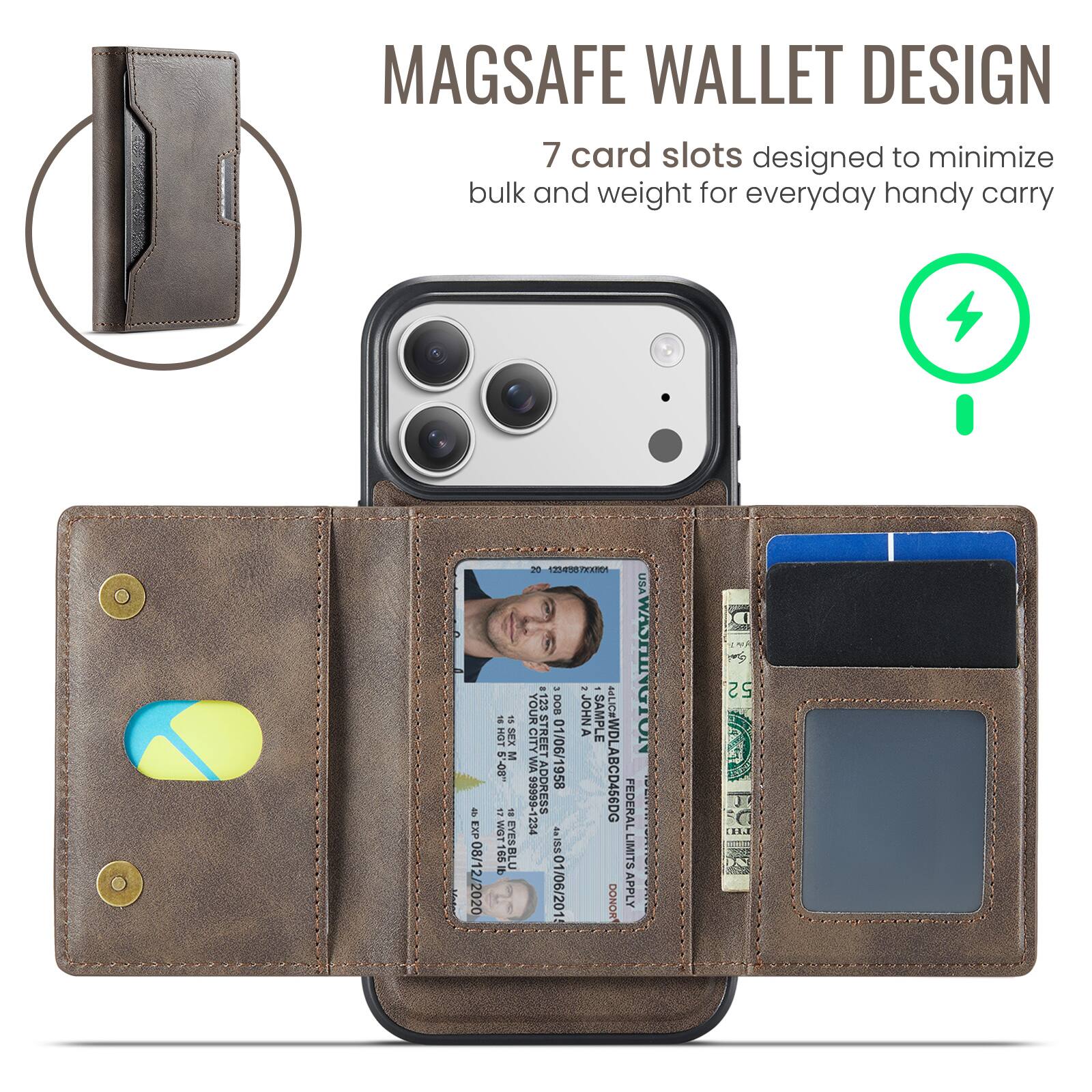 MAGSAFE WALLET DESIGN  
7 card slots designed to minimize bulk and weight for everyday handy carry  

B EXP x08/12/2020  
= HOT 5 - = ...00 1  
WO WGT165  
EYESBLU  
USA YOUR CITY STRES  
123 - DOSS - 01/06/1958 - JOHNA SAMPLE NOTANILICHAAYSO  
A 99999-1234 WA ADDRESS #LIC#WDLABCD456DG  
FEDERAL 234 E I5s01/06/2015  
DONOR LIMITS APPLY 52 L.E.