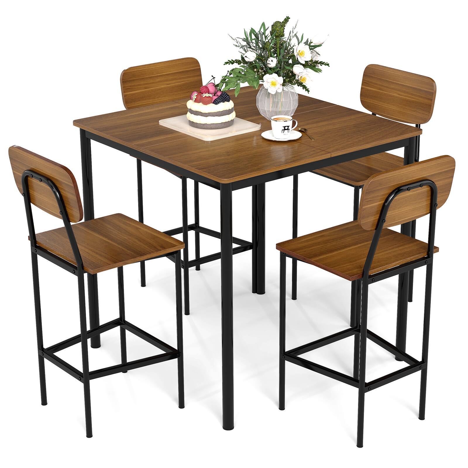 Back. SlickBlue - 5-Piece Industrial Dining Set with Counter Height Table and 4 Bar Stools - Teak.