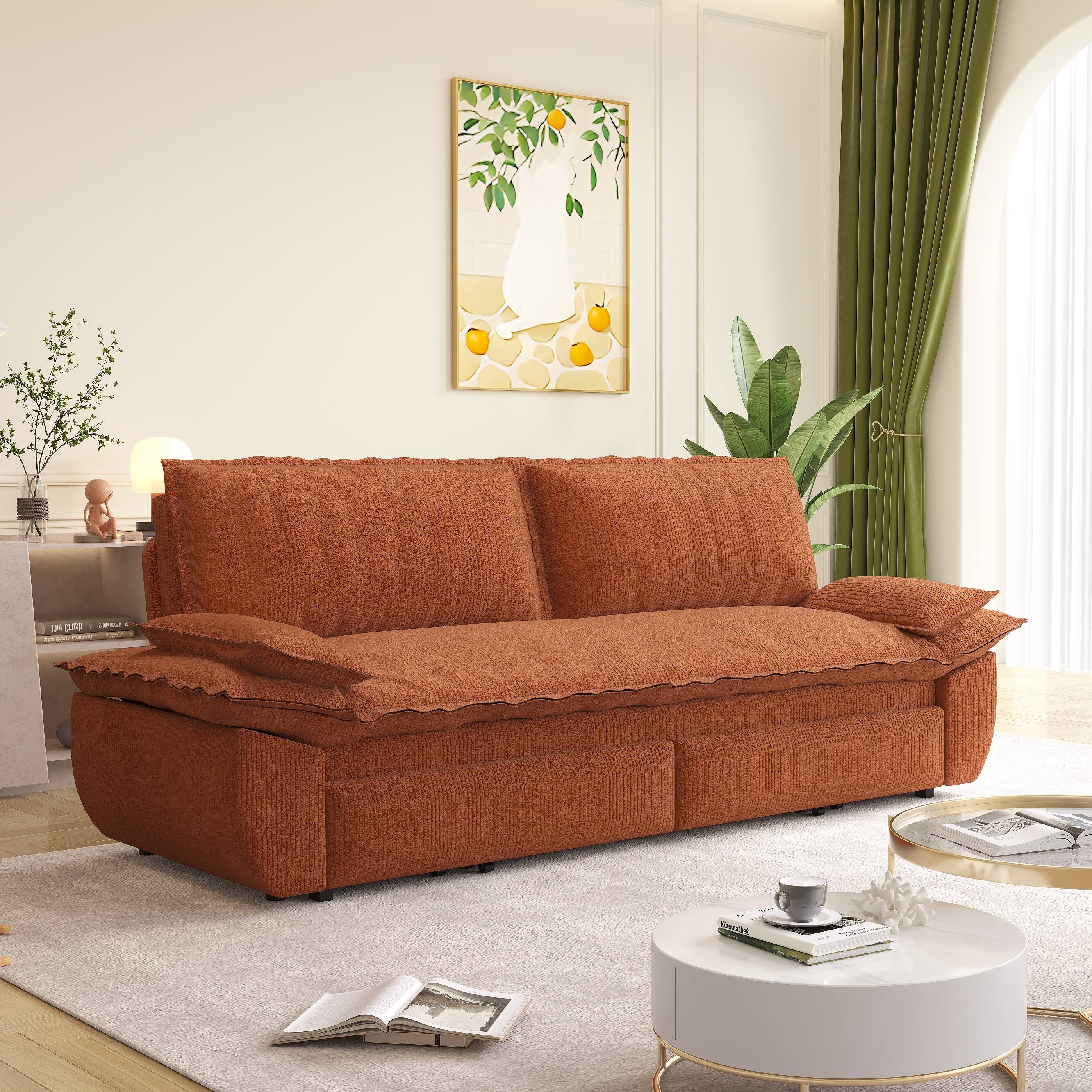 Left. Anysun - 73.2" 3-in-1 Corduroy Convertible Sleeper Sofa Bed - Queen Pull-Out Loveseat - Orange.