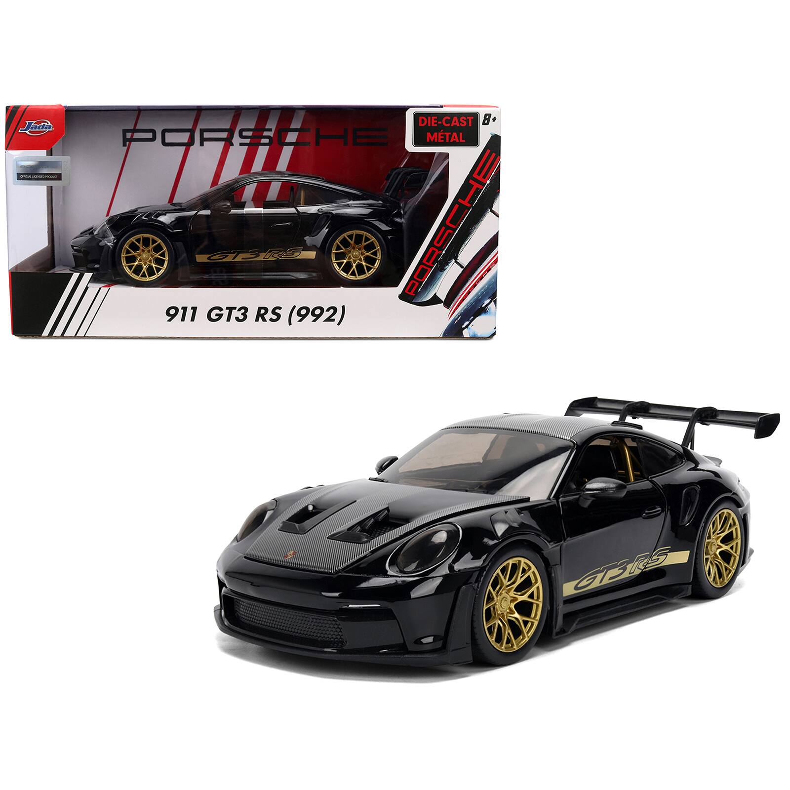Porsche 911 (992) GT3 RS Black with Carbon Top & Hood Stripes & Gold Wheels "Hyper-Spec" 1/24 Diecast Model Car by Jada