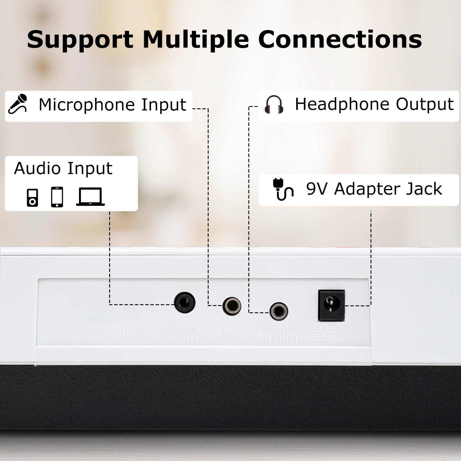 Support Multiple Connections

- Microphone Input
- Audio Input
- Headphone Output
- 9V Adapter Jack

MIDI USB AUDIO INPUT MIC PHONES e-CO OUTPUT 9V
