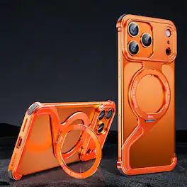 Dteck - Magnetic Metal Bumper Phone Case for Apple iPhone 17 Pro Max, Frameless Shockproof Cooling Cover with Ring Kickstand - Orange