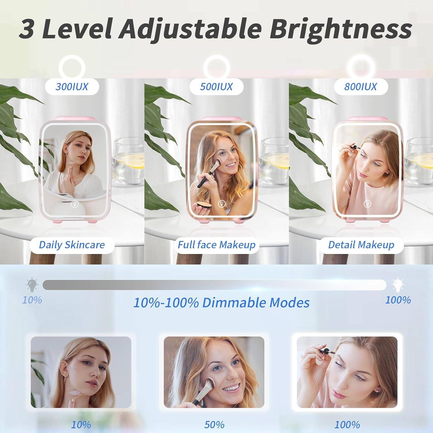 3 Level Adjustable Brightness

300IUX
500IUX
800IUX

Daily Skincare
Full face Makeup
Detail Makeup

10%-100% Dimmable Modes

10%
50%
100%