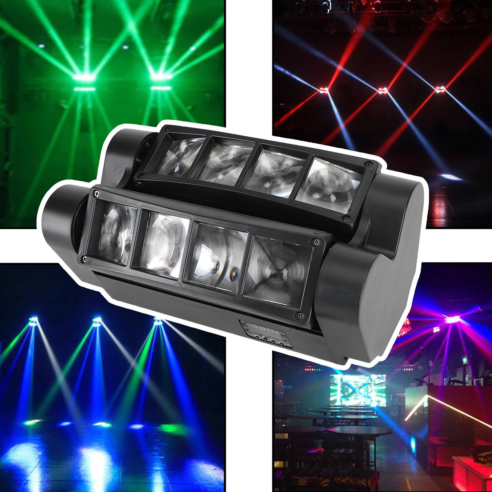 Back. Topteng - 4 Packs 80W RGBW Spider Moving Head Light - 8-LED Stage Beam with DMX512, Sound Active, 540° Rotation, for DJ Party Club.