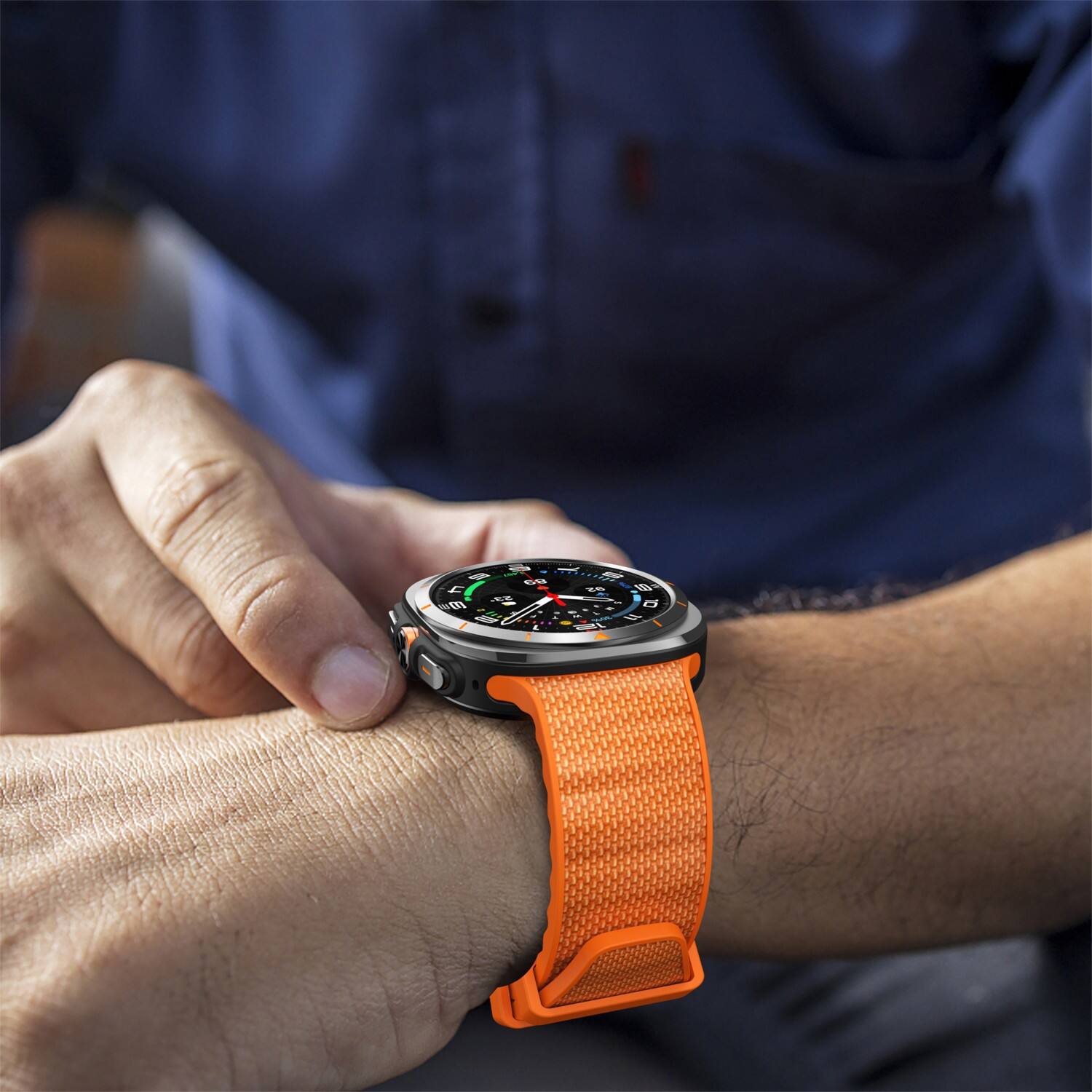 Left. StrapsCo - Endurance Band Silicone Rubber Watch Strap For Samsung Galaxy Watch Ultra - Orange.